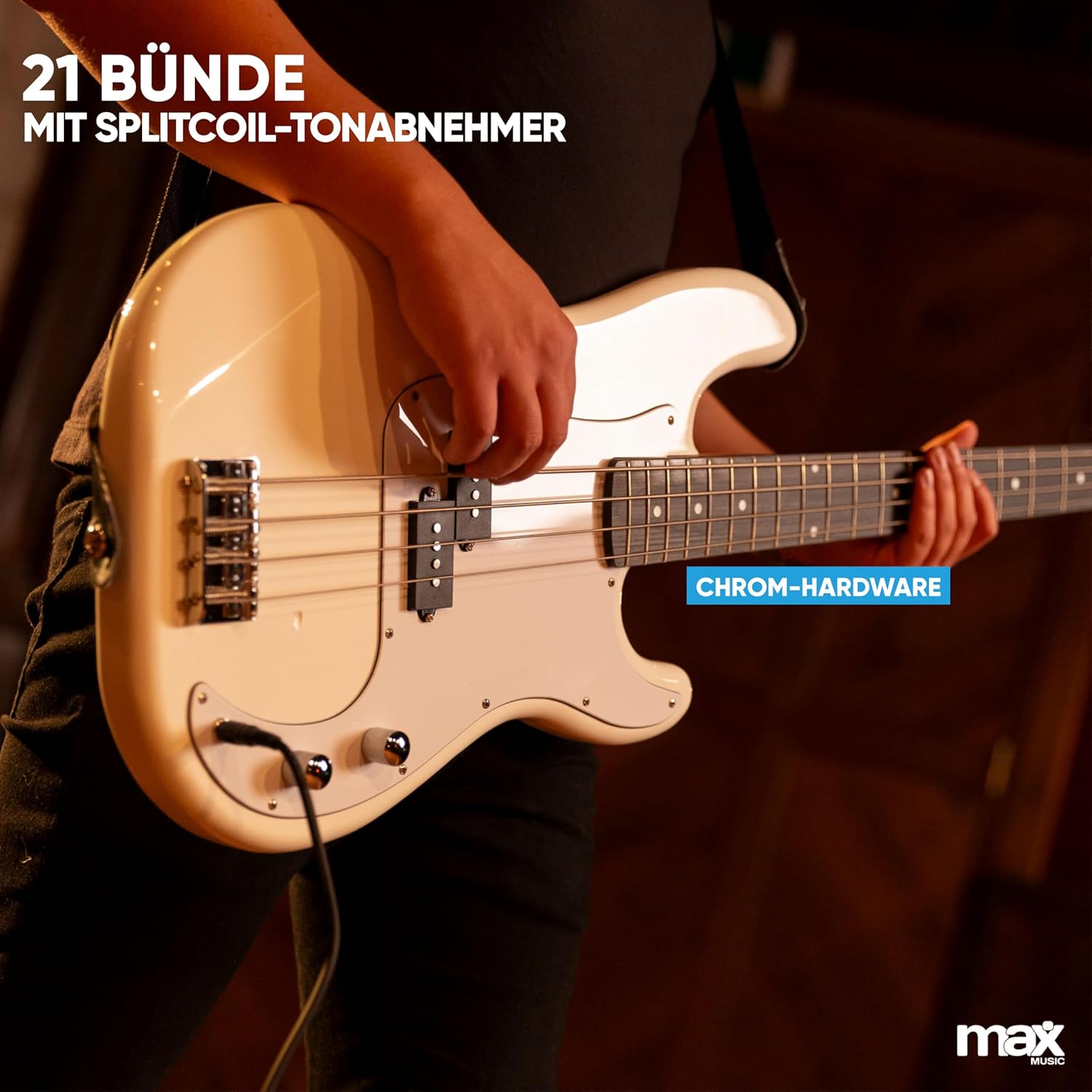 MAX GigKit Bassgitarre Set, E Bass Gitarre, Bass Guitar mit Gitarrenverstärker, Tasche, Stimmgerät, Plektren, Ständer, Gurt, Kabel und Ersatzsaiten - 21 Bünde - Weiß