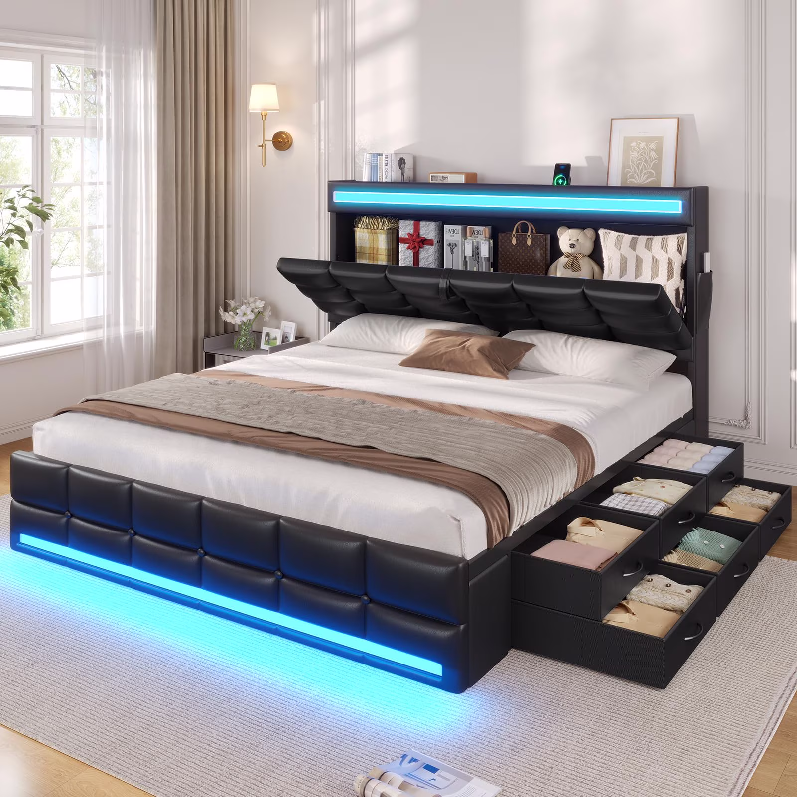Queen Size Bed Frame with LED Lights Headboard and 12 Storage Drawers,Bookcase,Upholstered Platform Bed Queen with Charging Station, No Box Spring Needed, Type-C and USB,Noise-Free, Black