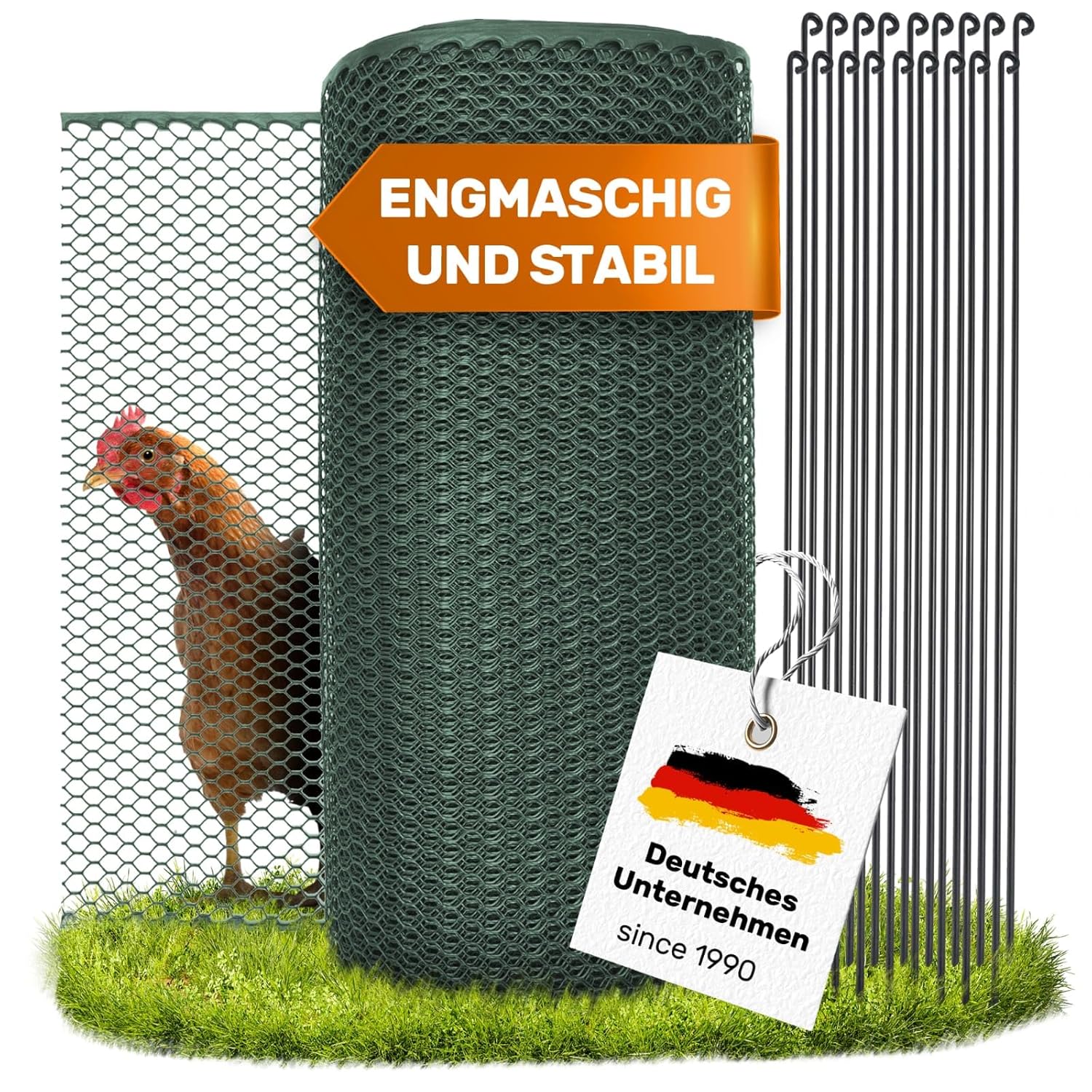 SELFmania kippenhek 25m lang | FIJNMAZIG STABIEL UV-BESCHERMING 120 cm hoog | Uitloopren kippen met 21 bevestigingspalen + 25 U-haringen | Hondenhek | Kleine dieren | Pluimveehek | Kippenaccessoires