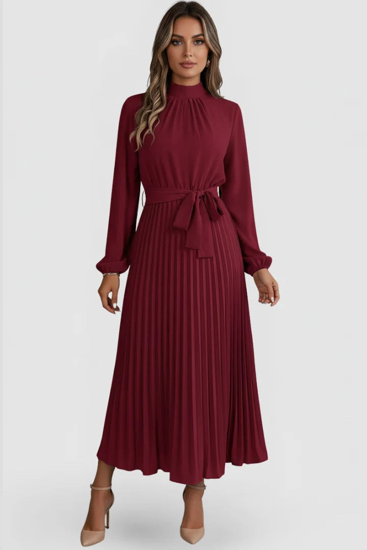 Plissee-Kleid f��r Damen mit Langarm und Bindeg��rtel | Elegantes Midikleid hochgeschlossen mit gerafftem Ausschnitt