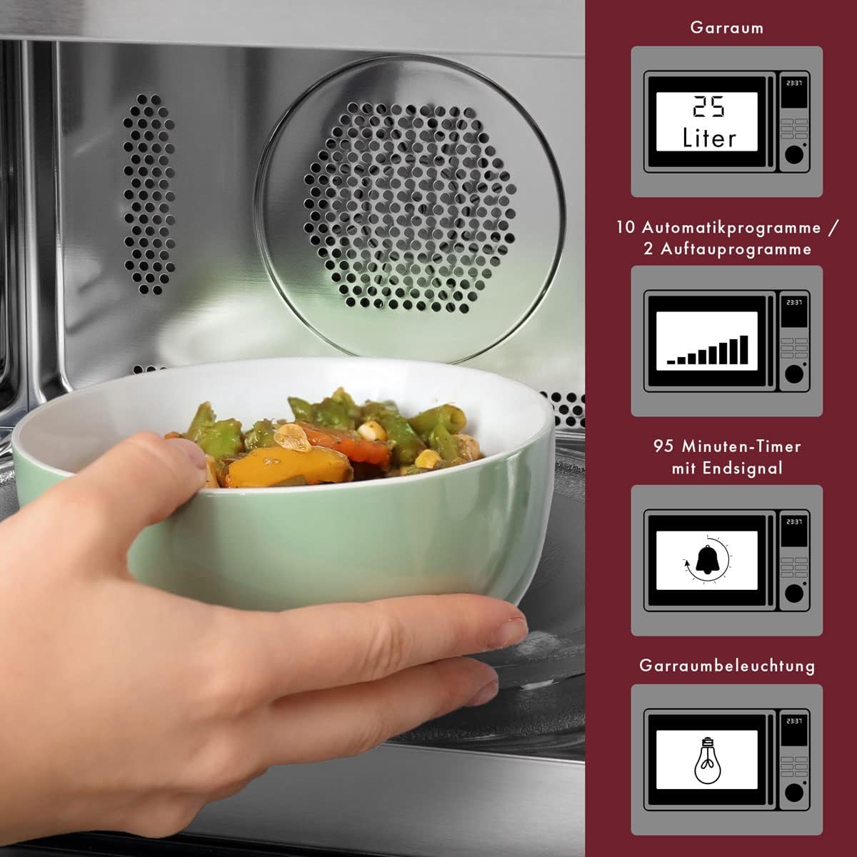 Bomann 3in1 Einbau-Mikrowelle mit Grill und Heißluft, Microwave, 25 L Garraum, 10 Automatikprogramme, Auftaufunktion, inkl. Grillrost und Drehteller (Ø 32 cm), 900 Watt, Edelstahl, MWG 2216 H EB