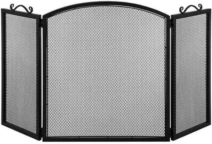 Elegant Tri-Fold Iron Fireplace Screen with Mesh and Heat-Resistant Door