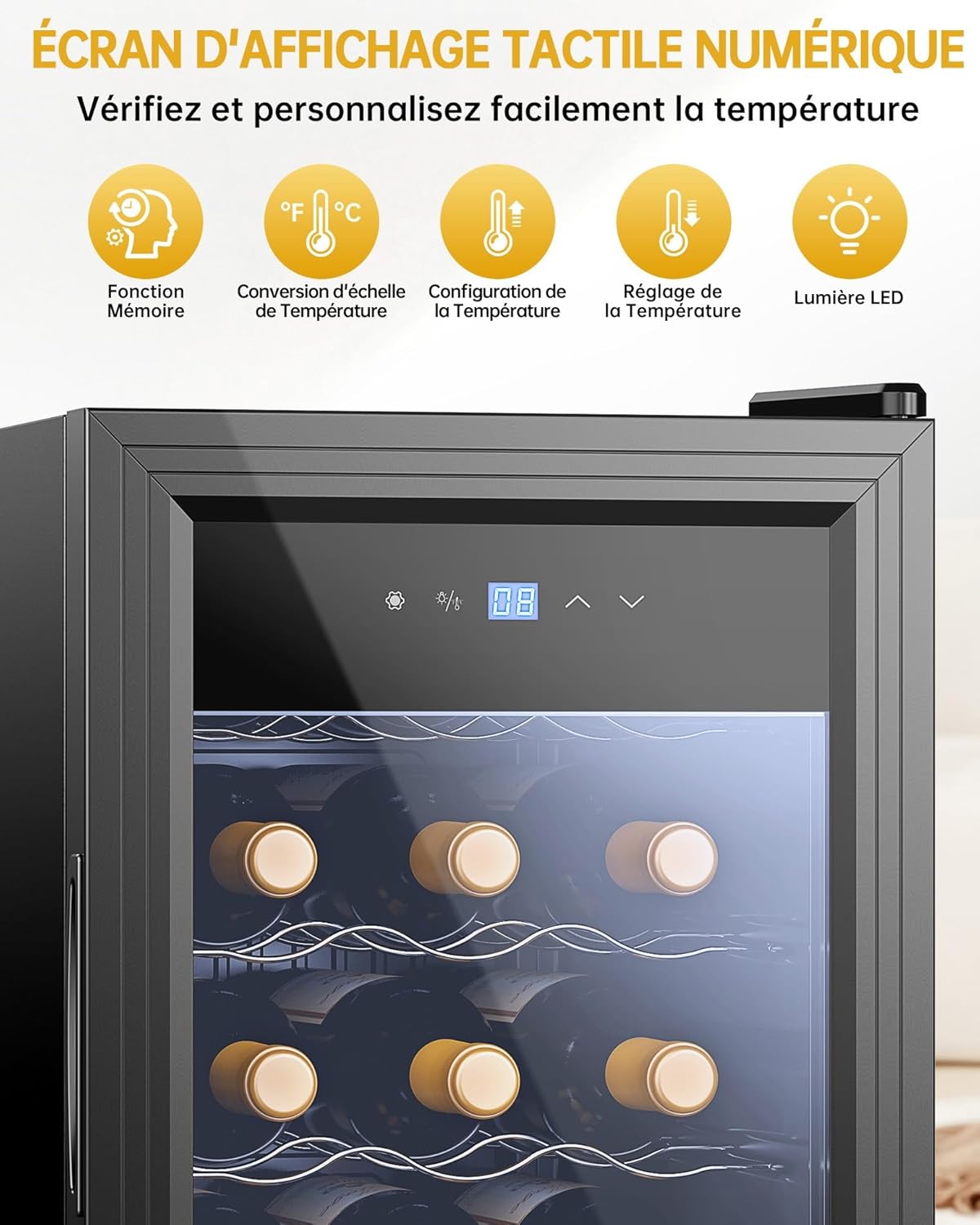 WIE Cave à Vin 18 Bouteilles 53L Réfrigérateur à Vin 5°C-18°C Refroidissement par Compresseur Verre Porte Panneau Tactile LED Intérieur Frigo Vin Bar Intérieur/Extérieur