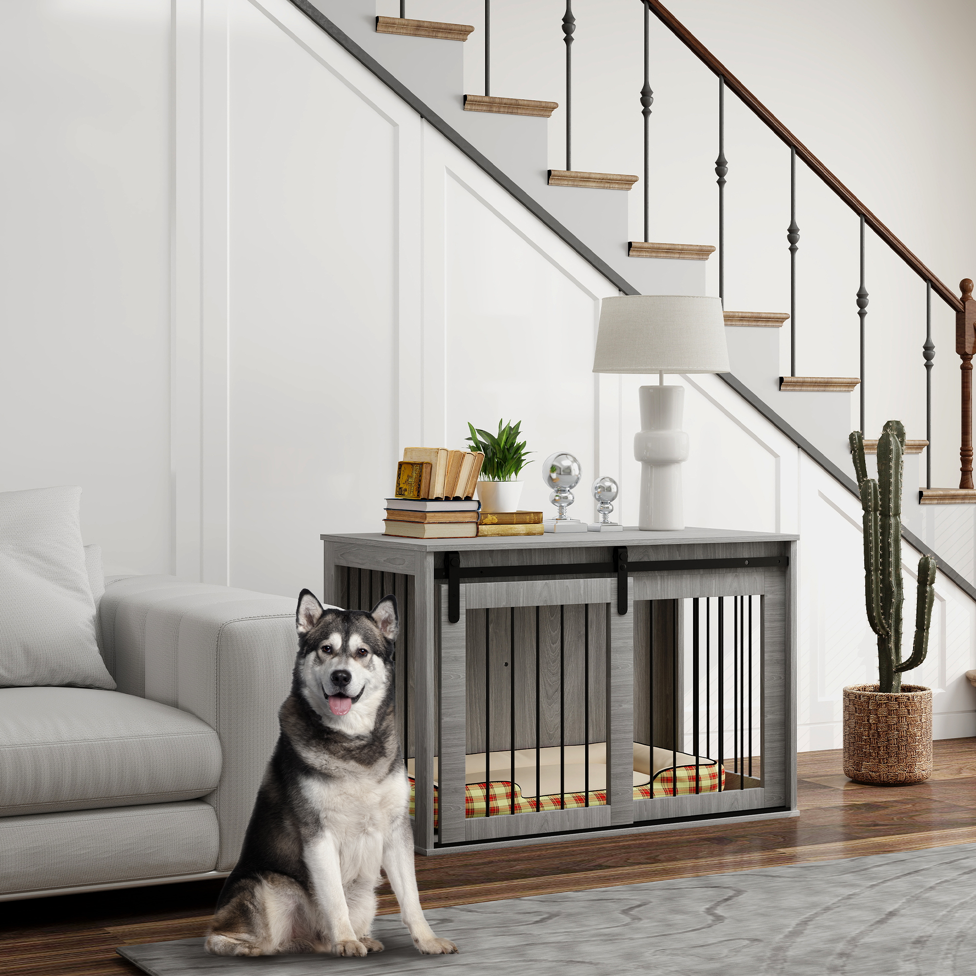 Hondenbench met schuifdeur, ventilatie, spaanplaat en staal, 98 x 58 x 61 cm, Grijs
