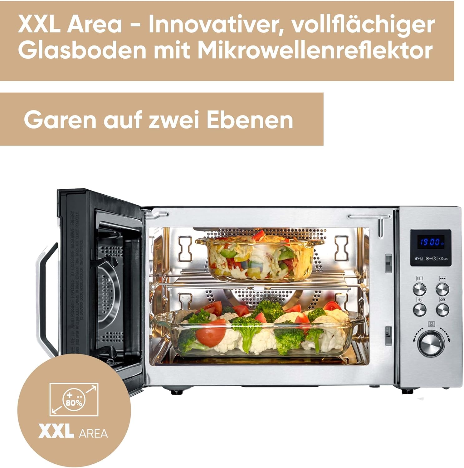 SEVERIN Mikrowelle mit Grill und Heißluftfunktion 3-in-1, zum Auftauen, Garen und Erhitzen, Mikrowelle mit Drehteller, Edelstahl-gebürstet/silber, MW 7774