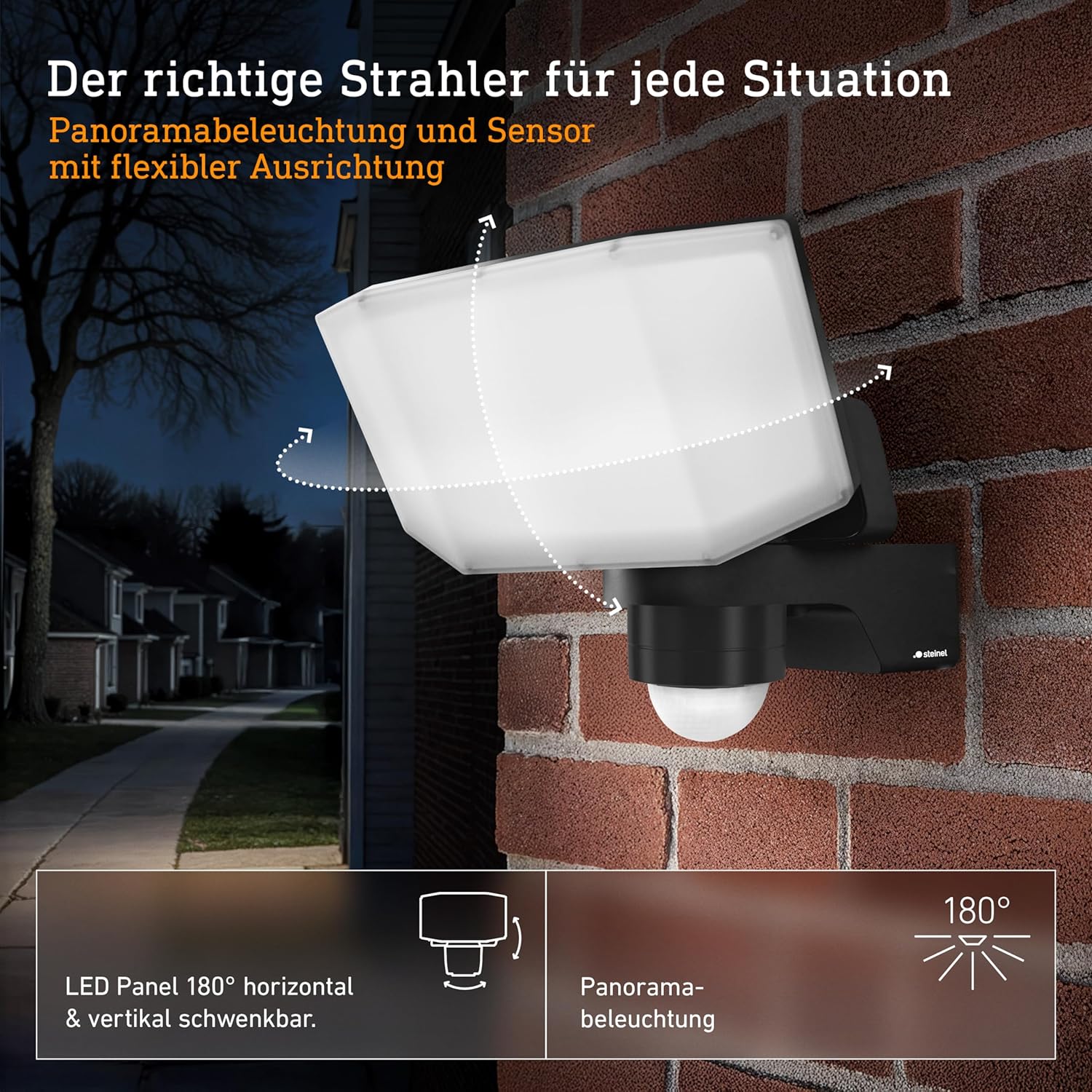 Steinel LED Strahler XLED PRO Expanse S Anthrazit, 240°/12 m Bewegungsmelder, Panorama Flutlicht, LED Panel voll schwenkbar, 14.3 W, 3000K, IP54