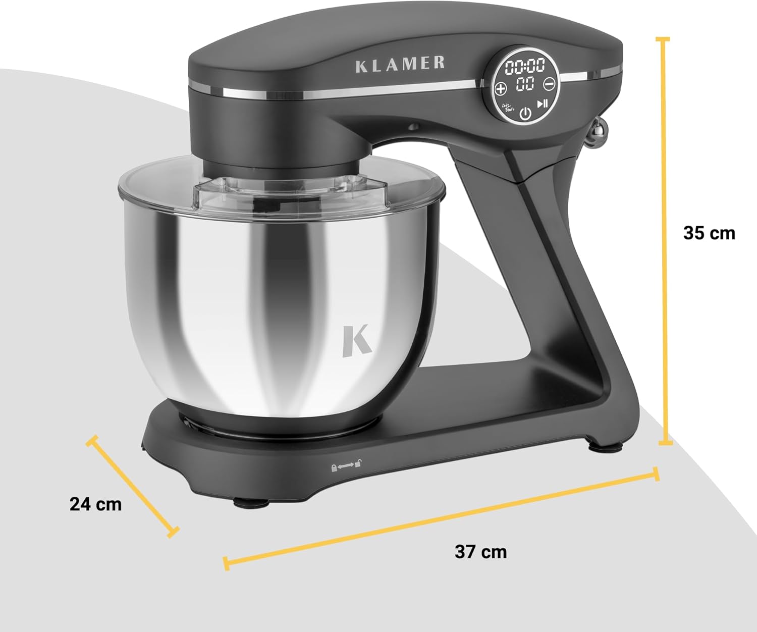 KLAMER Küchenmaschine 1800W, Knetmaschine Brotteig mit Edelstahl-Rührschüssel 6 L, 10 Stufen mit Timer, Planetenrührwerk, Rührbesen, Knethaken, Schneebesen & Sichtdeckel (schwarz)
