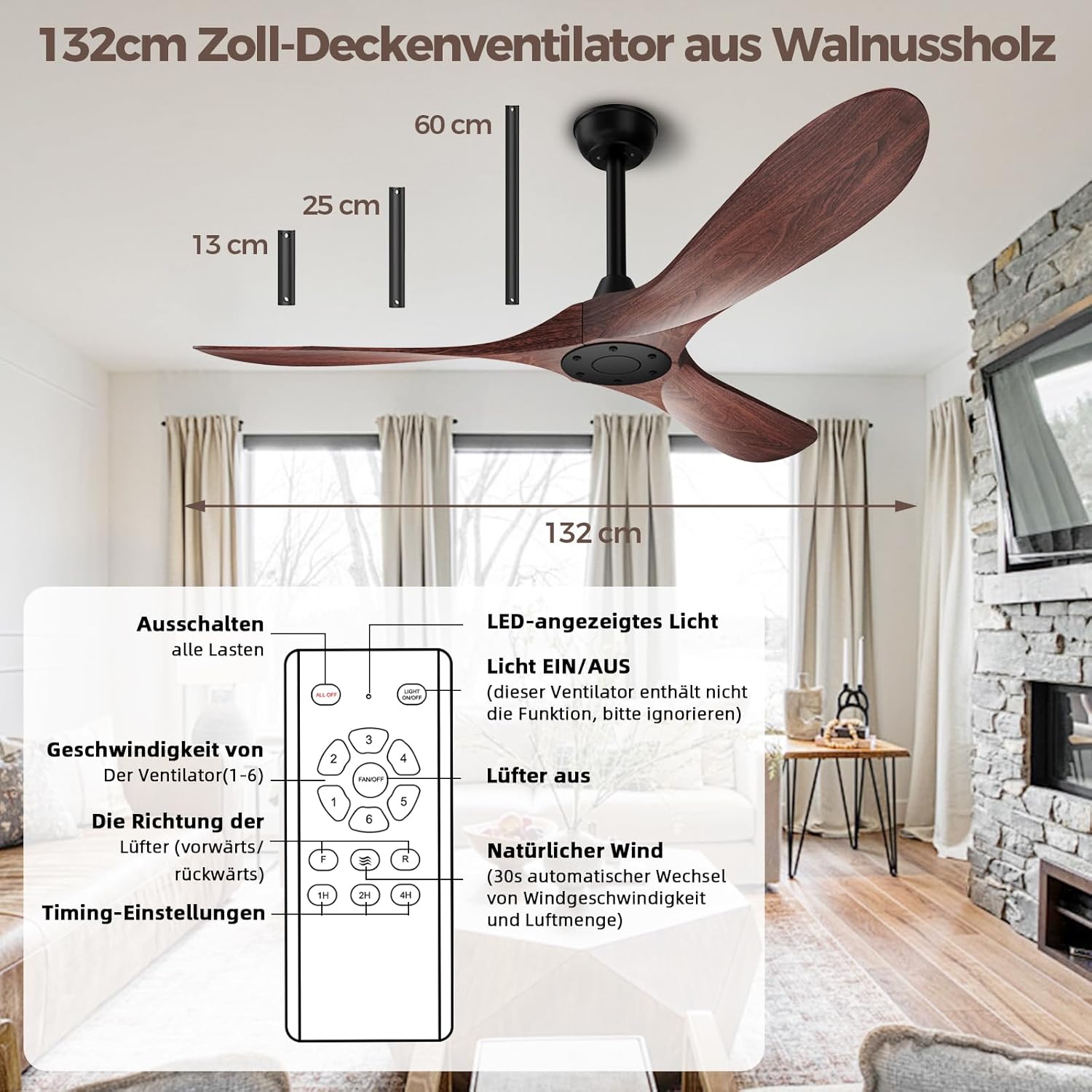 Biukis 152 cm Deckenventilator mit Fernbedienung, 6 Geschwindigkeitsstufen, reversibler DC-Motor für ganzjährige Nutzung, geeignet für Außenbereich, Garten, Wohnzimmer, Schlafzimmer – Walnuss