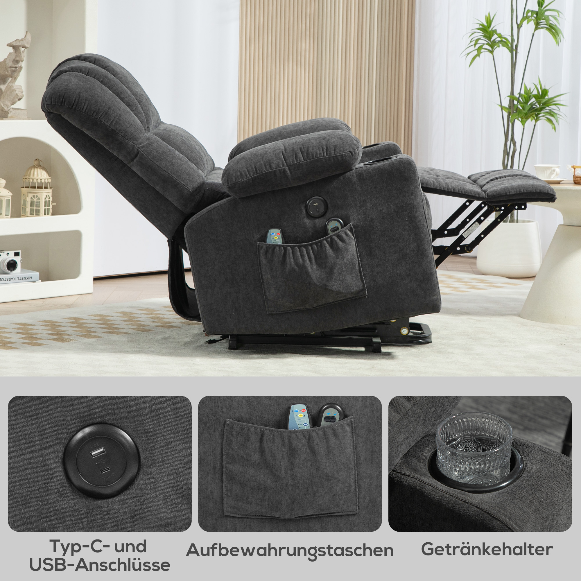 Elektrische Power Lift Sta-op-Stoel met Massage- en Verwarmingsfunctie, USB-Aansluitingen, Bekerhouders, Donkergrijs