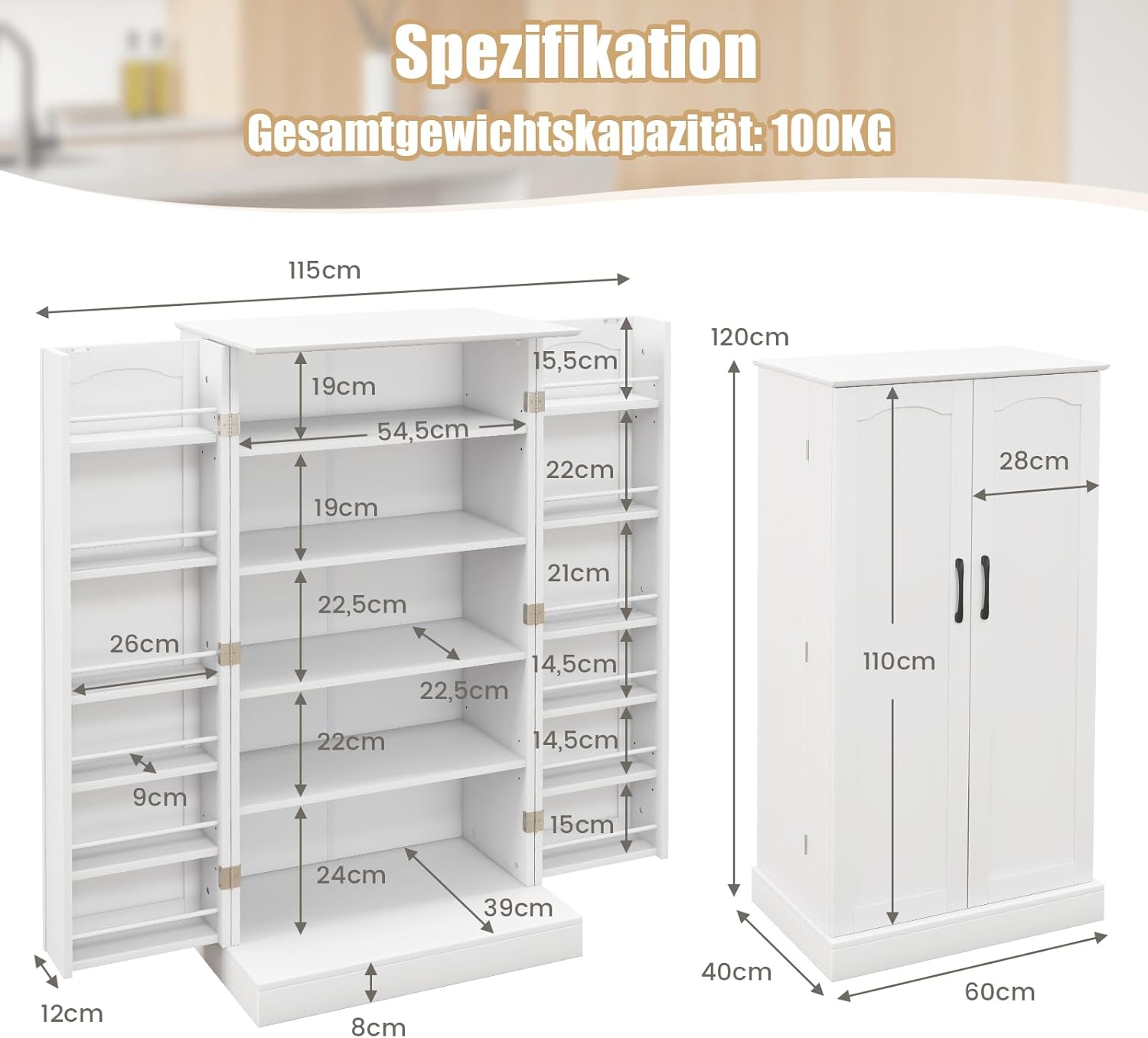 GOPLUS Vorratsschrank mit Türen, 120cm hoch Küchenschrank mit verstellbaren Regalen & Metallgriffen, Mehrzweckschrank Aufbewahrungsschrank für Küche, Esszimmer, & Wohnzimmer (Weiß)