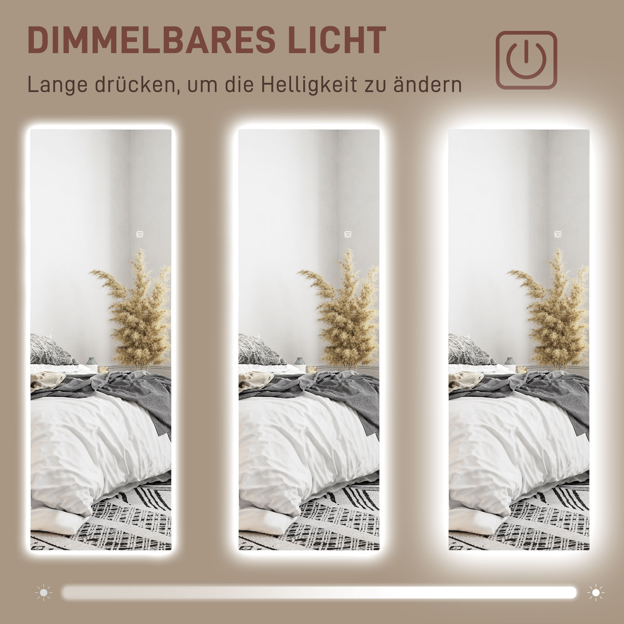 LED Volledige lichaamsspiegel, dimbaar, randloos, Touch-bediening, 40 x 120 cm