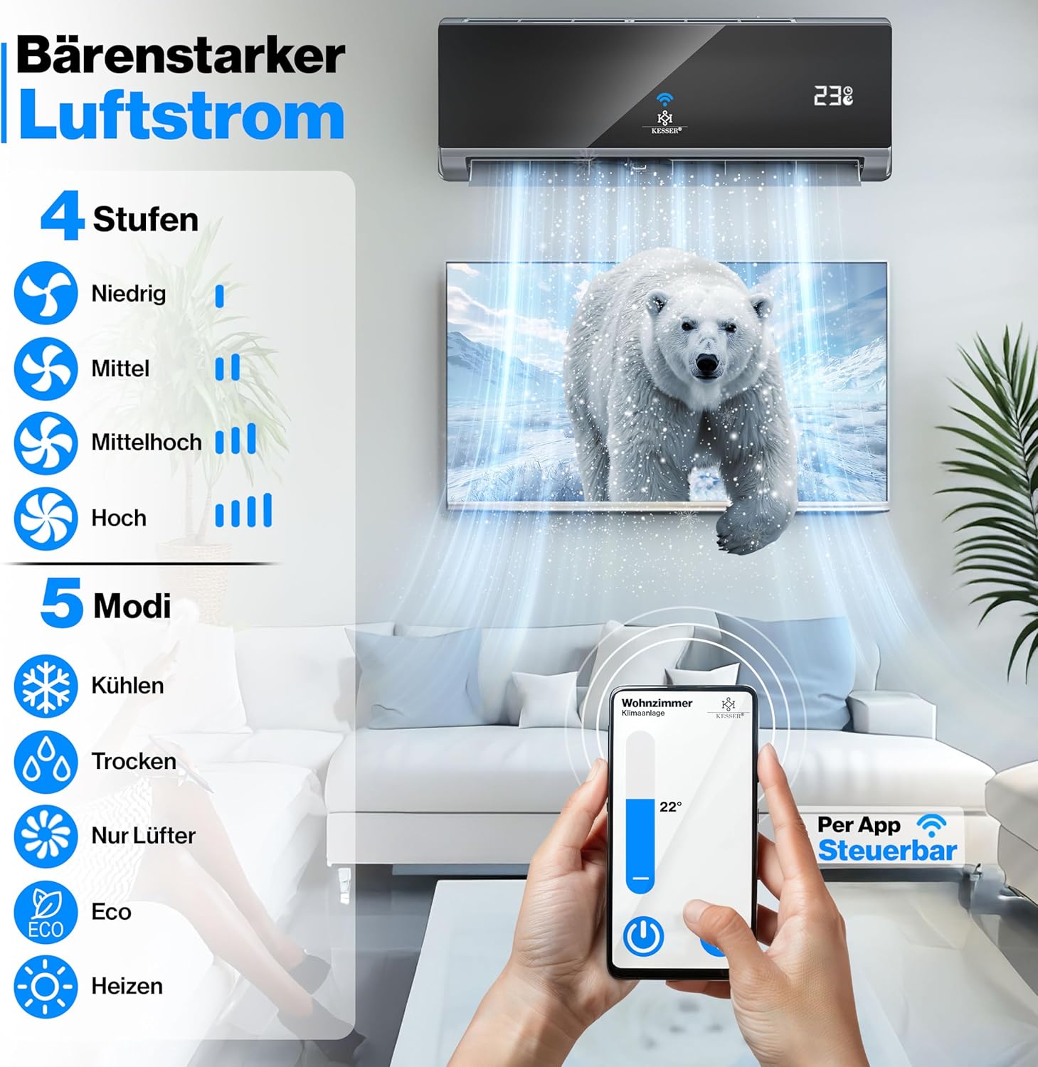 KESSER® Klimaanlage Set Split, WiFi/App Funktion Klimagerät, Kühlen A++/Heizen A+ -9000 BTU/h (2.600 W) sehr leise, Kältemittel R32, Fernbedienung, Timerfunktion, Montagematerial [Energieklasse A++]