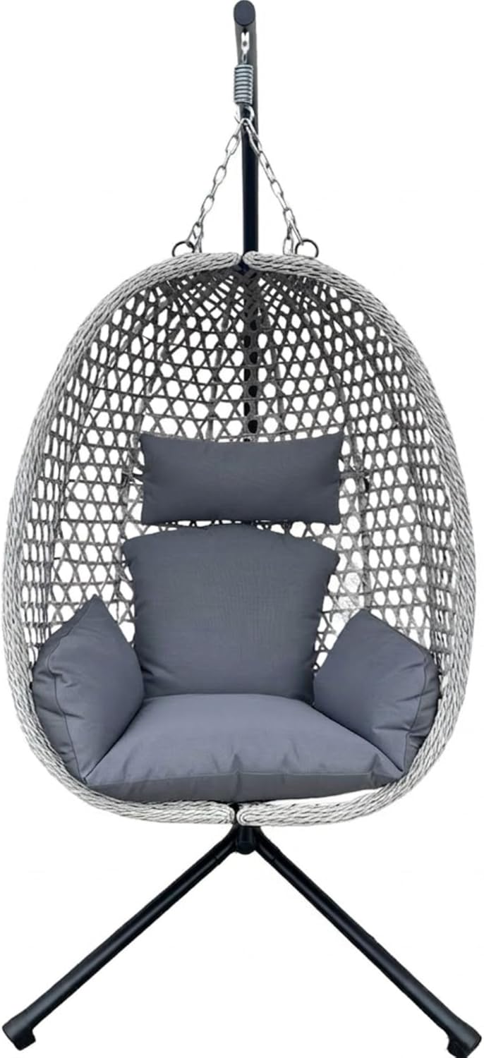 Hängesessel mit Gestell für Outdoor & Indoor – Ganzjähriger Loungesessel mit Sommer-/Winter-Wendebezug, bis 150 kg belastbar, inklusive robuster Abdeckplane, faltbar, Grau