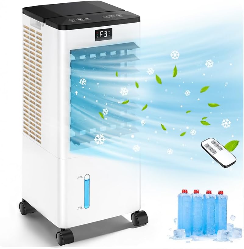 Klimaanlage Mobil Ohne Abluftschlauch, Verdunstungskühler Großer Wassertank 60W, Leiser Turmventilator Schlafmodus, 4 Modi 3 Geschwindigkeiten 1-12h Timer 60/120° Oszillierend Fernbedienung 4 Kühlakku