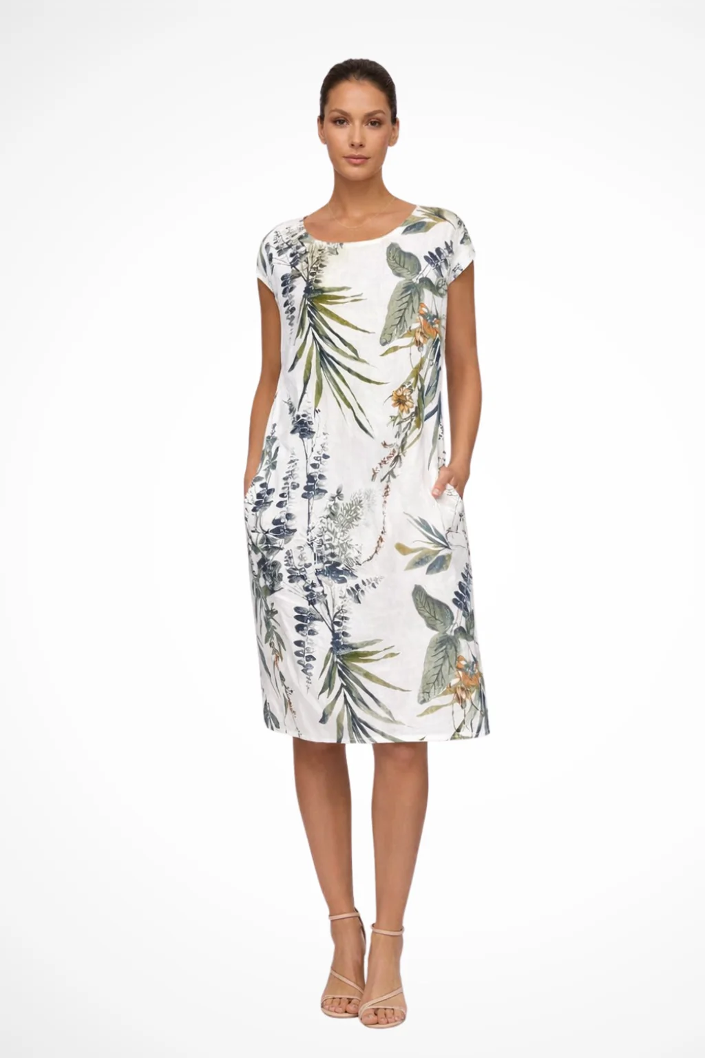 Damen Sommerkleid mit botanischem Print | ?rmelloses Freizeitkleid im Relaxed Fit mit praktischen Seitentaschen | Leichtes,