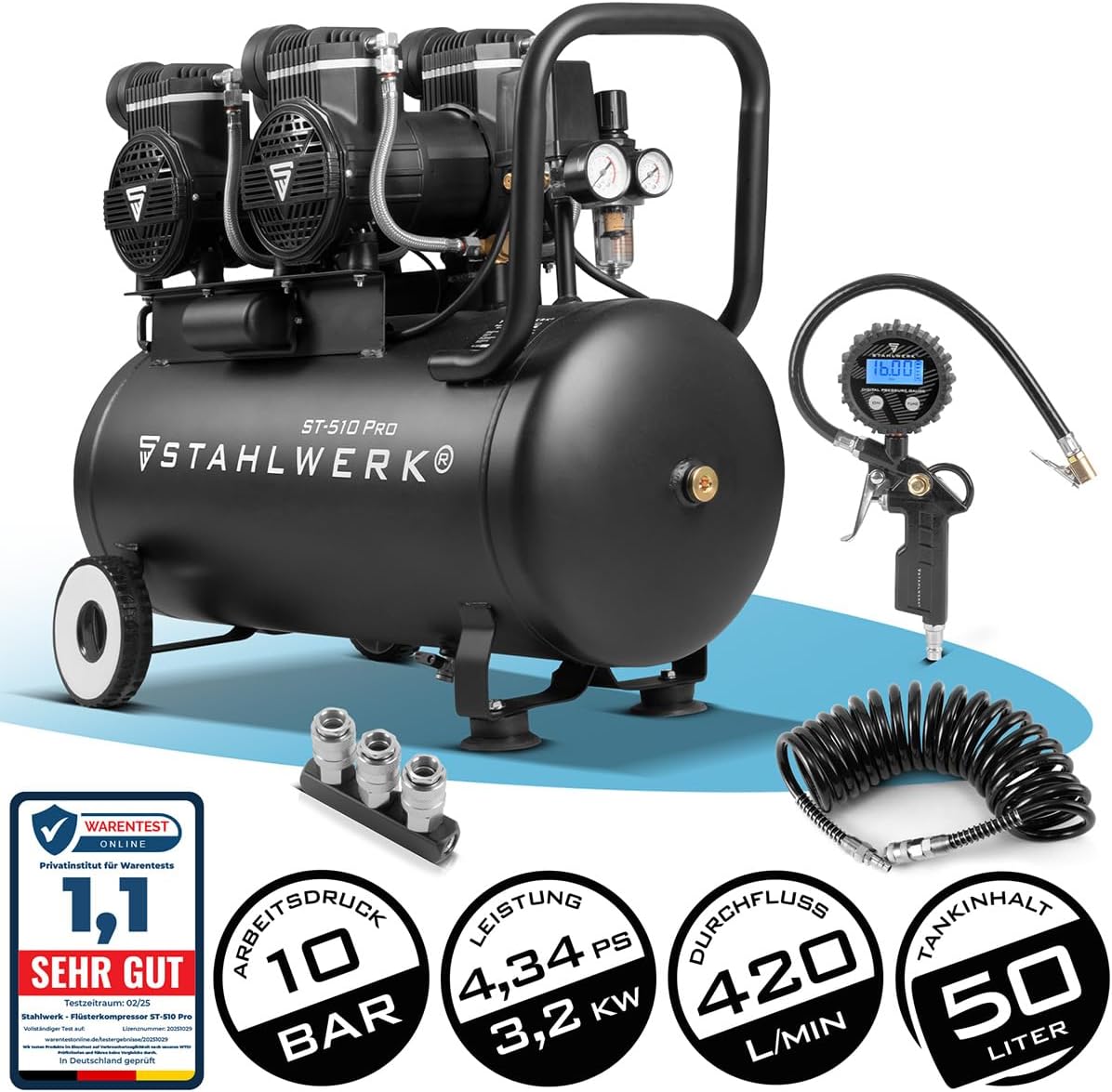 STAHLWERK Kompressor 50 L Tank (ST-510 Pro) - Vollausstattung mit Zubehör - ölfrei  und  leise, 10 bar, Druckluftkompressor mit Brushless-Motoren, 3,94 PS, 2,9 kW, 500 l/min, Silent-/Flüsterkompressor