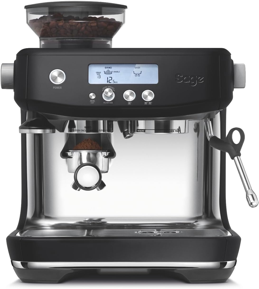 Sage Appliances the Barista Pro Espressomaschine und Kaffeemaschine mit Milchaufschäumer, Siebträgermaschine, SES878BTR, Mattschwarz