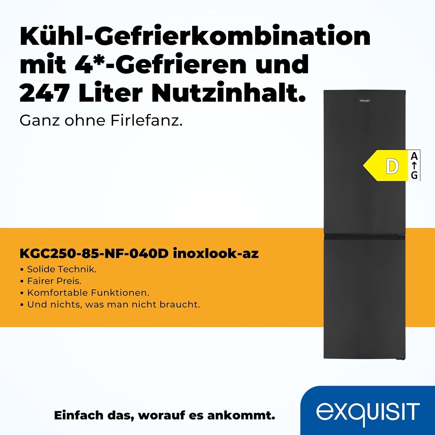 Exquisit Kühl-Gefrierkombination No-Frost 247 L, Freistehend, Inox-Look, 4-Sterne-Gefrierfach, Schnellgefrieren, LED, 39 dB(A), Energieklasse D