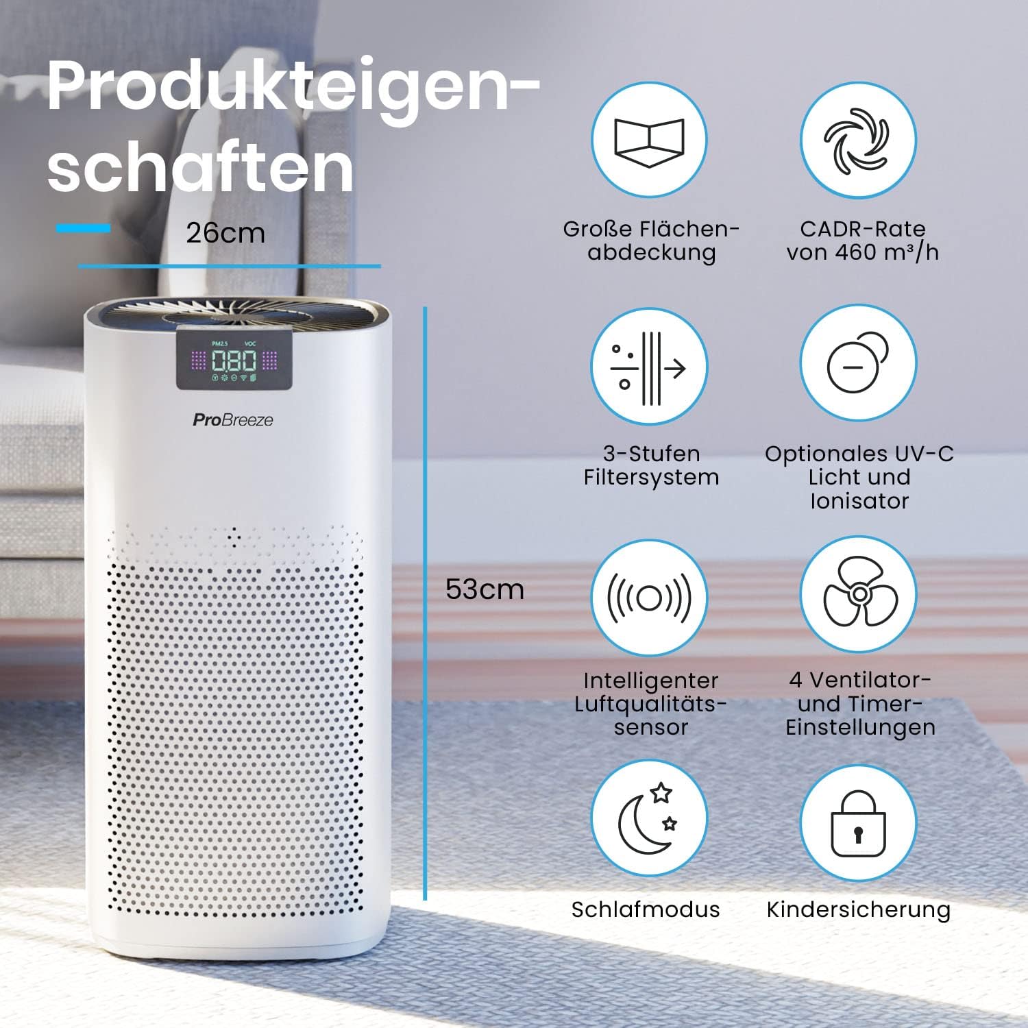 Pro Breeze Luftreiniger Hepa 13 Filter mit UV-C Lampe, Luft Ionisierer & Aktivkohlefilter, CADR 460m3 - Air Purifier mit Luftqualitätsmesser für große Räume bis 140m² - bis zu 99.95% Filterleistung
