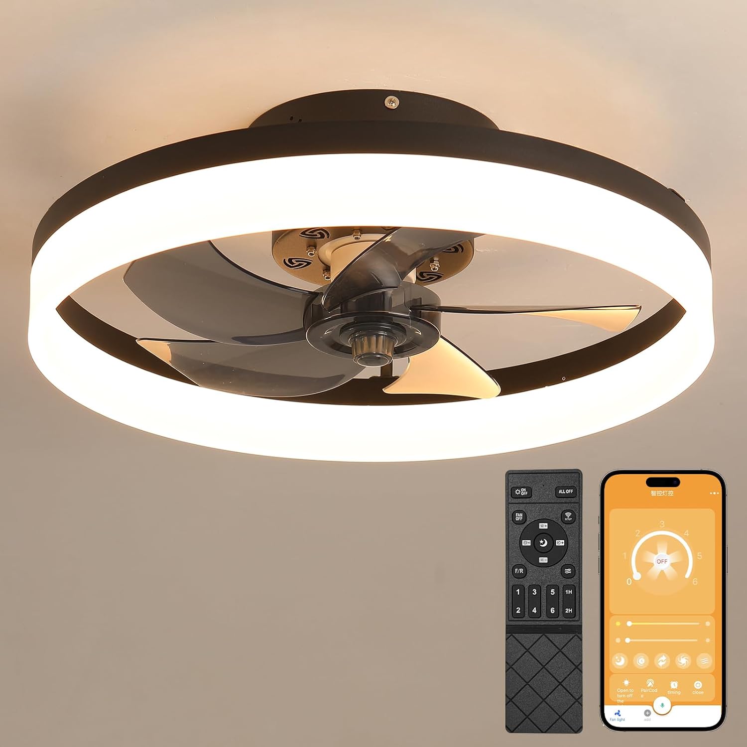 Deckenventilator mit Beleuchtung und Fernbedienung, LED Deckenleuchte Dimmbar, 3 Lichtfarben, 6 Windstufen, Moderne Lampe mit Ventilator Leise für Schlafzimmer Schwarz 50cm