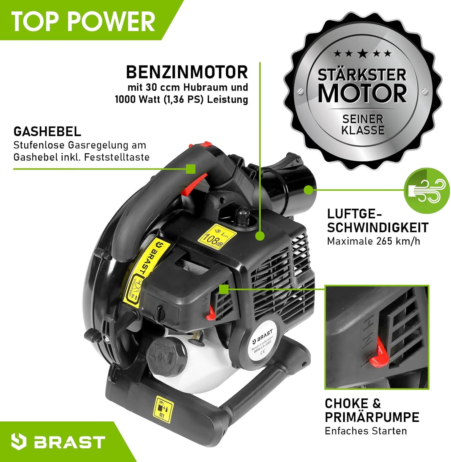 BRAST® Laubsauger Laubbläser Benzin 1,0kW(1,36PS) | 55L Fangsack | inkl. 2 Blasrohre, Schultergurt & Anti-Vibrationsgriff | 4in1 Funktion | Blasgeschwindigkeit 73 m/s