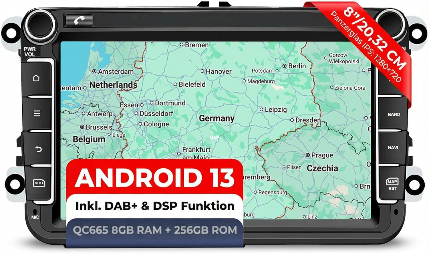 M.I.C. AV8V7-Ultra Android 13 Autoradio mit Navigation: Snapdragon 665, 8GB+256GB, 8 Zoll, DSP, SIM, Wireless CarPlay & Android Auto, DAB+, CANBUS, GPS – für VW/ŠKODA/SEAT (RNS/RCD Ersatz)