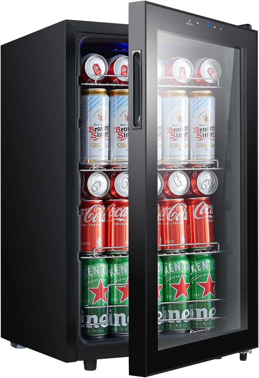 Kalamera Getränkekühlschrank, Bierkühlschrank mit Touch-Bedienfeld, 3-18°C Kühlzone, Flaschenkühlschrank 86 Liter, Blaue LED-Innenbeleuchtung, 41 dB, KRC-86GE
