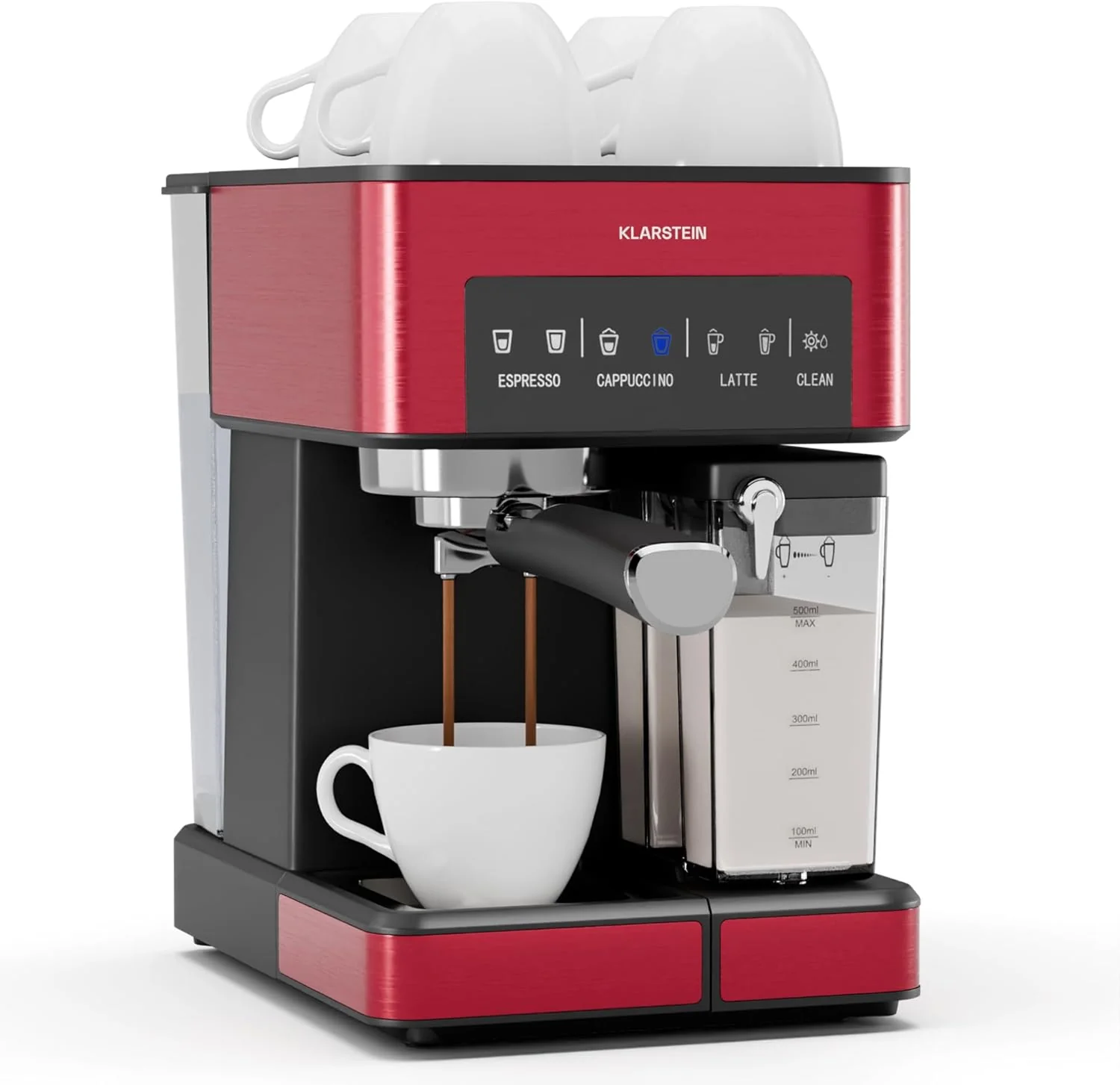 Klarstein Espressomachine met Melkopschuimer, 1,8L Mini-espressomachine met filterdrager, 20 bar, roestvrij staal, klein, 0,5L melktank, 1350W koffiezetapparaat voor gemalen koffie