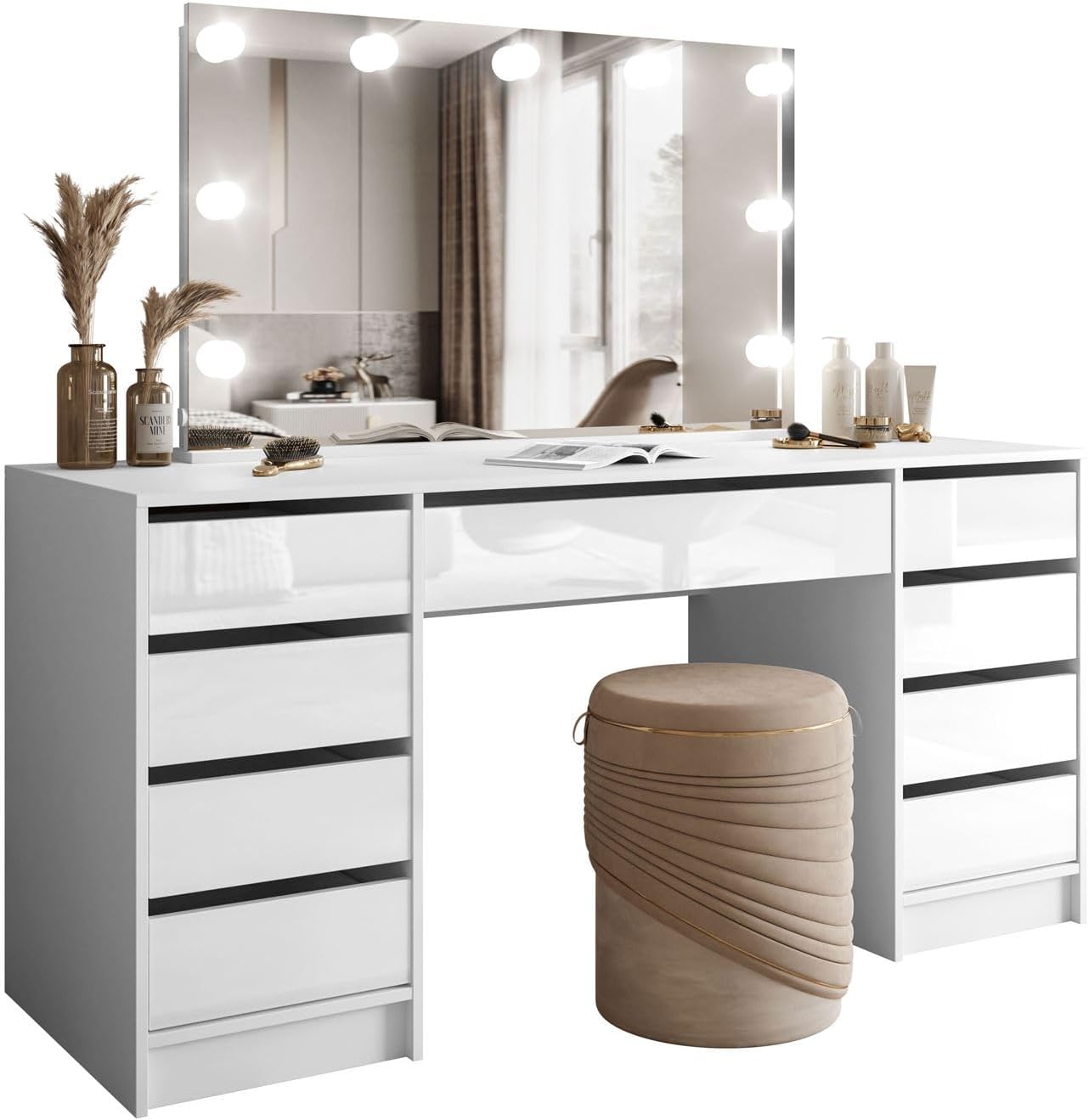 Lookway Schminktisch MADA Elite II mit LED-Spiegel - Eleganter Kaschmir oder Weiß Hochglanz, Wandmontage, Geräumige Schubladen (Weiß/Weiß Hochglanz)