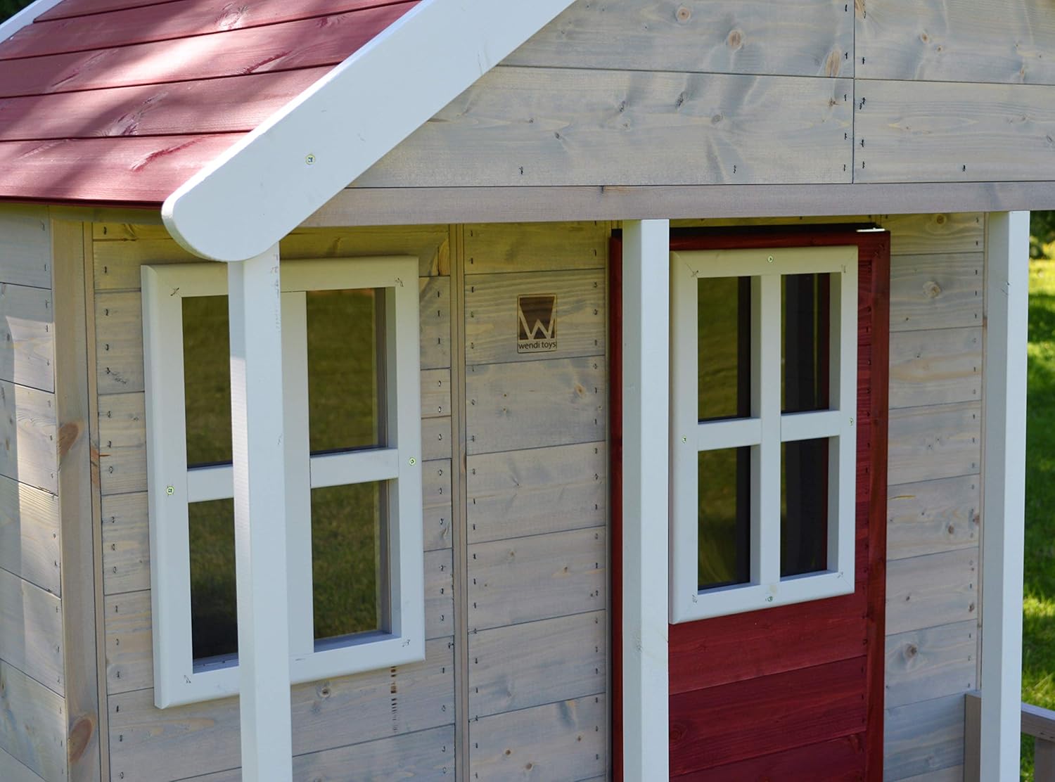 M6 Kinder Spielhaus Holz Outdoor, Gartenhaus für Kinder FSC Holz, 120×120×155 cm, mit Kunststofffenstern, Veranda, Regal, Tür, Kinderspielhaus für Garten, wetterfest, Rot