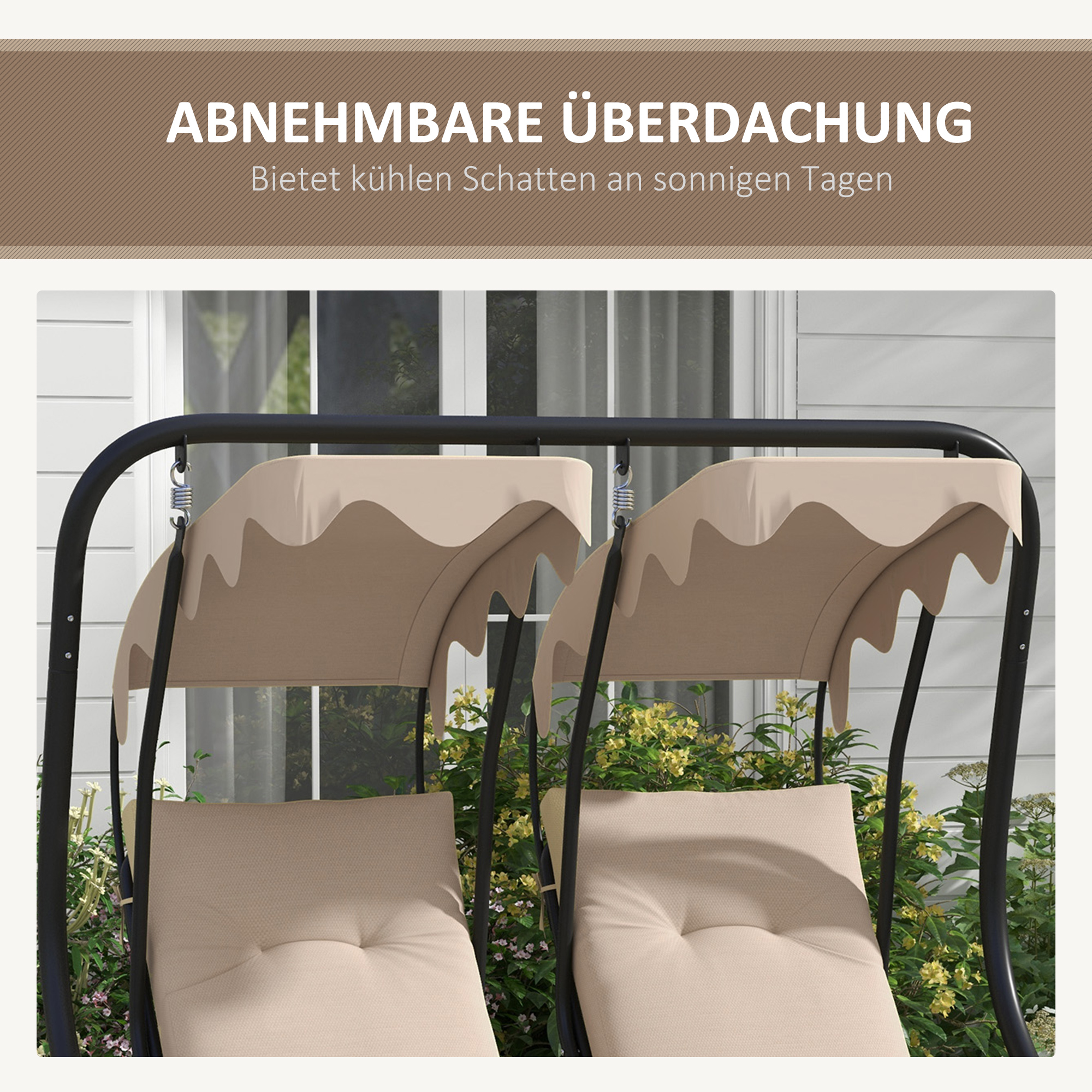 Tuinschommel Hollywoodschommel, weerbestendig, 2 gescheiden zitplaatsen, 2 bekerhouders, 170 cm x 136 cm x 170 cm, Beige