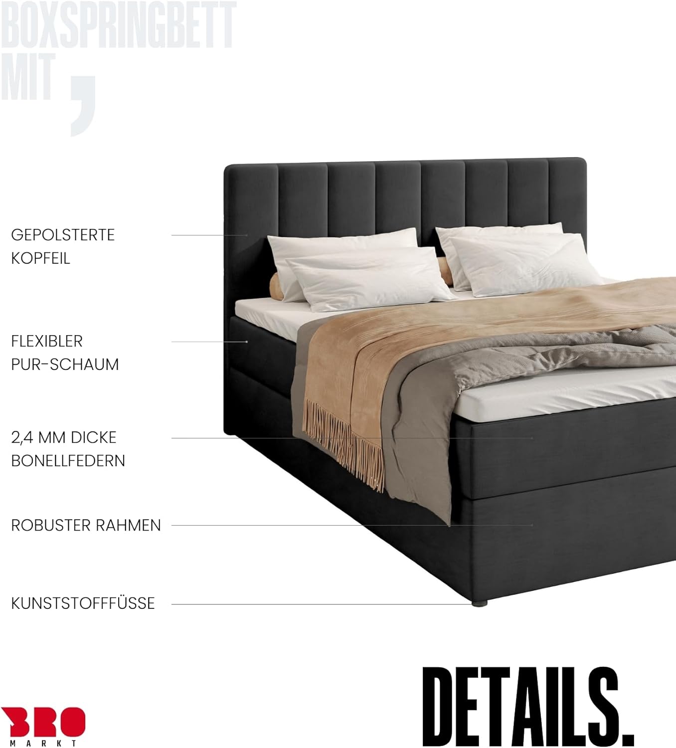 BROMARKT Boxspringbett mit Bonell Matratze Härtegrad H3 140x200cm Polsterbett mit Bettkasten Doppelbett mit Topper gepolsterte Kopfstütze Bett für Schlafzimmer Denver Dunkelgrau