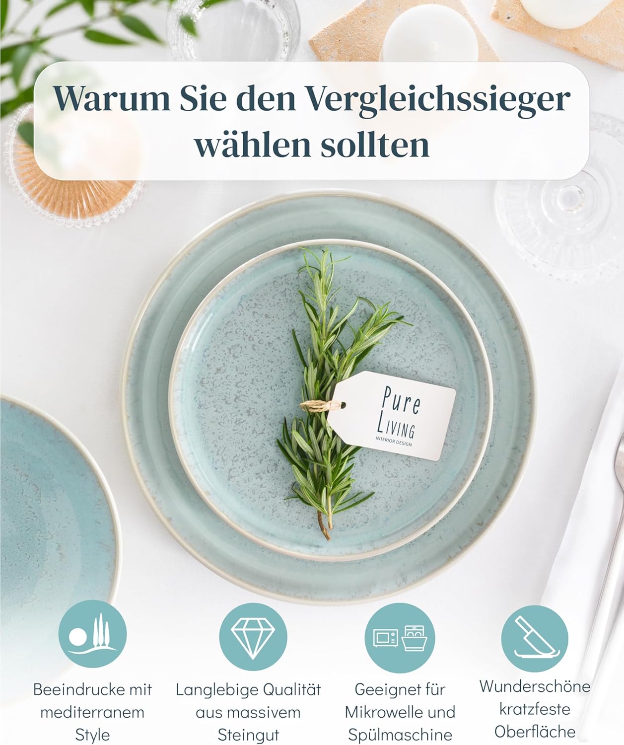 Steingut Geschirrset 6 Personen Ibiza 24 tlg. TESTSIEGER, Traumhaftes Mediterranes Steingut Geschirr Set, Schüssel- und Teller Set, Tafelservice 6 Personen, Geschirrsets Pure Living in Blau-Beige