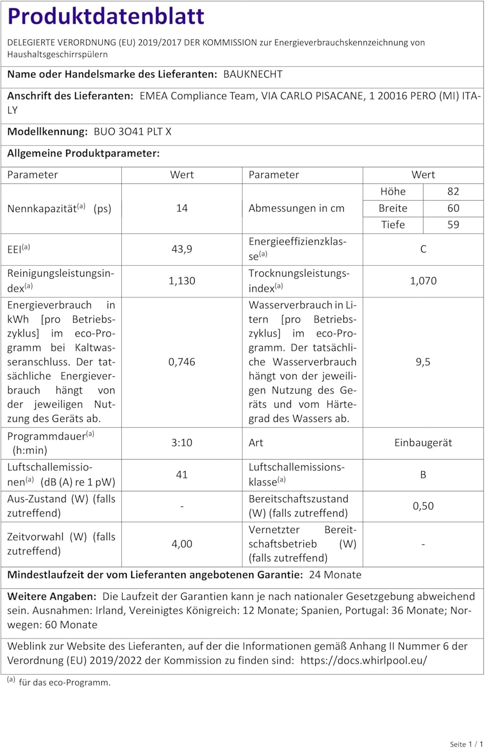 Bauknecht BUO 3O41 PLT X Unterbau-Geschirrspüler 60 cm /14 Maßgedecke /10 Standardprogramme und 1 Sensorprogramm/PowerClean/ActiveDry/Besteckschublade/Vollwasserschutz