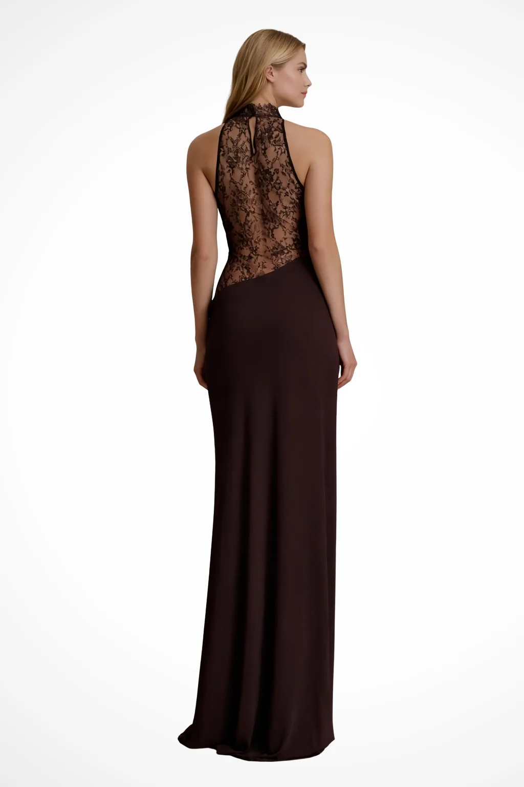 Damen Maxi-Kleid mit Neckholder und Spitzen-Einsatz | ?rmelloses Bodenlanges Abendkleid f��r Hochzeitsg?ste und Events