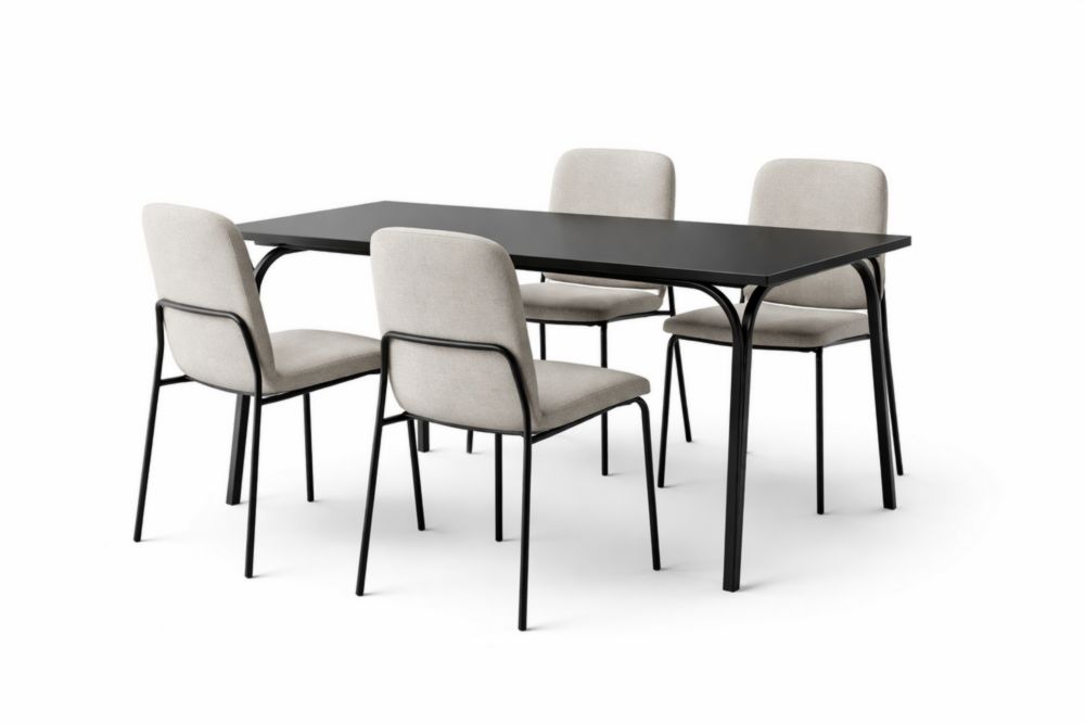 Black MDF Dining Table with 4 Beige Polyester Chairs, Steel Frames