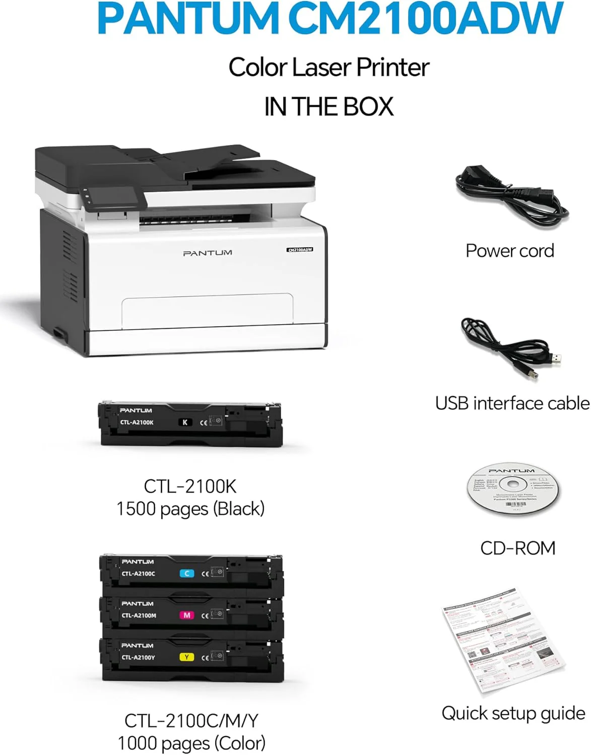 PANTUM CM2100ADW Laserafdruk, kleurenmultifunctionele printer voor afdrukken, kopi?ren en scannen met ADF, automatische dubbelzijdige afdrukken, WLAN NET USB, 20ppm, voor thuis en op kantoor