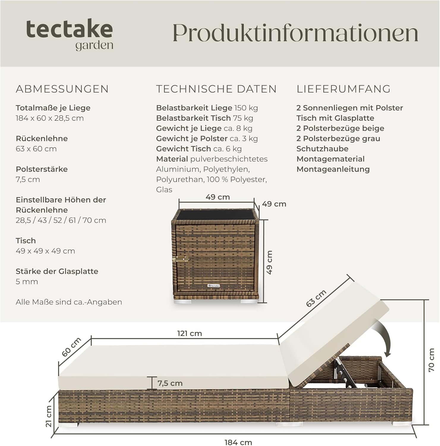 tectake® 2er Lounge Sonnenliegen Set Plus Tisch – inkl. 2 Bezugsets und Schutzhülle, Outdoor Poly Rattan Gartenmöbel Set, 2er Set - Natur