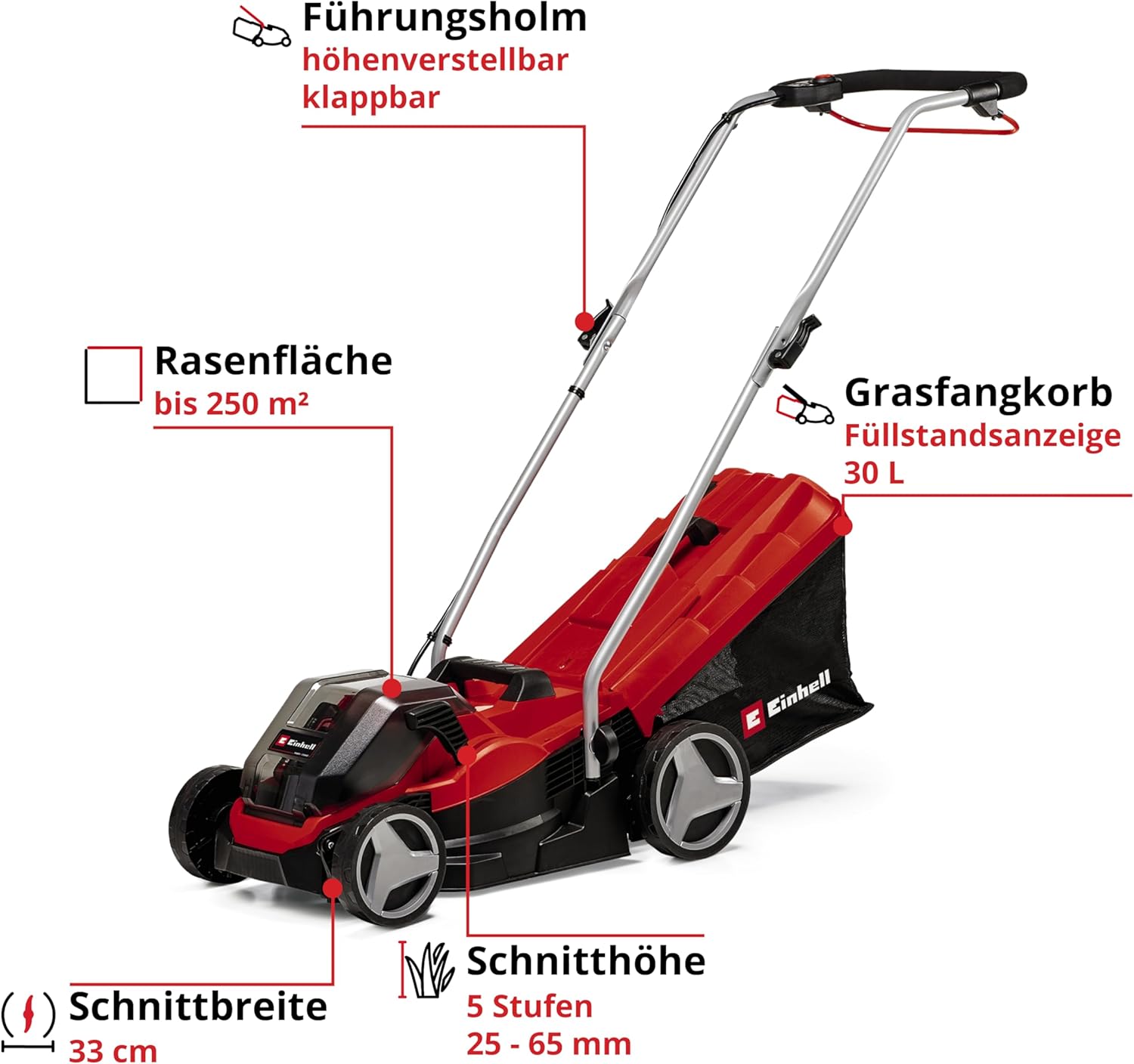 Einhell Akku-Rasenmäher GE-cm 36/33 Li Kit Power X-Change (36 V, 33cm Schnittbreite, bis 250 m2, 30L Fangkorb, 25-65 mm Schnitthöhe, inkl. 2X 2,5 Ah Akkus + 2X Ladegeräte)