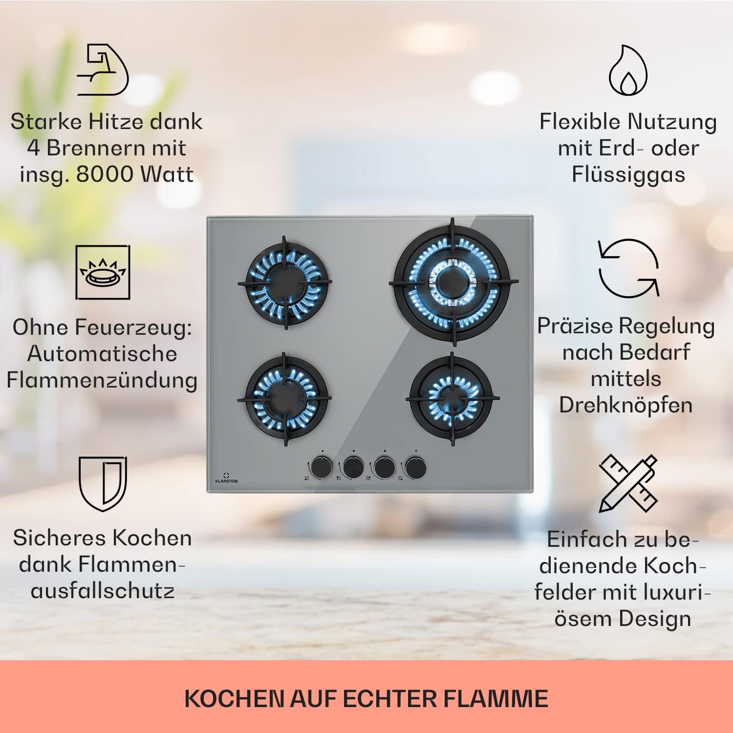 Klarstein Gasherd, Einbau-Gasherd für Propan Gasflasche, Gaskochfeld 4 Flammig, Gasherd für Küche, Camping & Wohnmobil, 8000 W Kochplatte, LPG Gaskocher, Herdplatte für Propangas, Edelstahl Gas-Herd