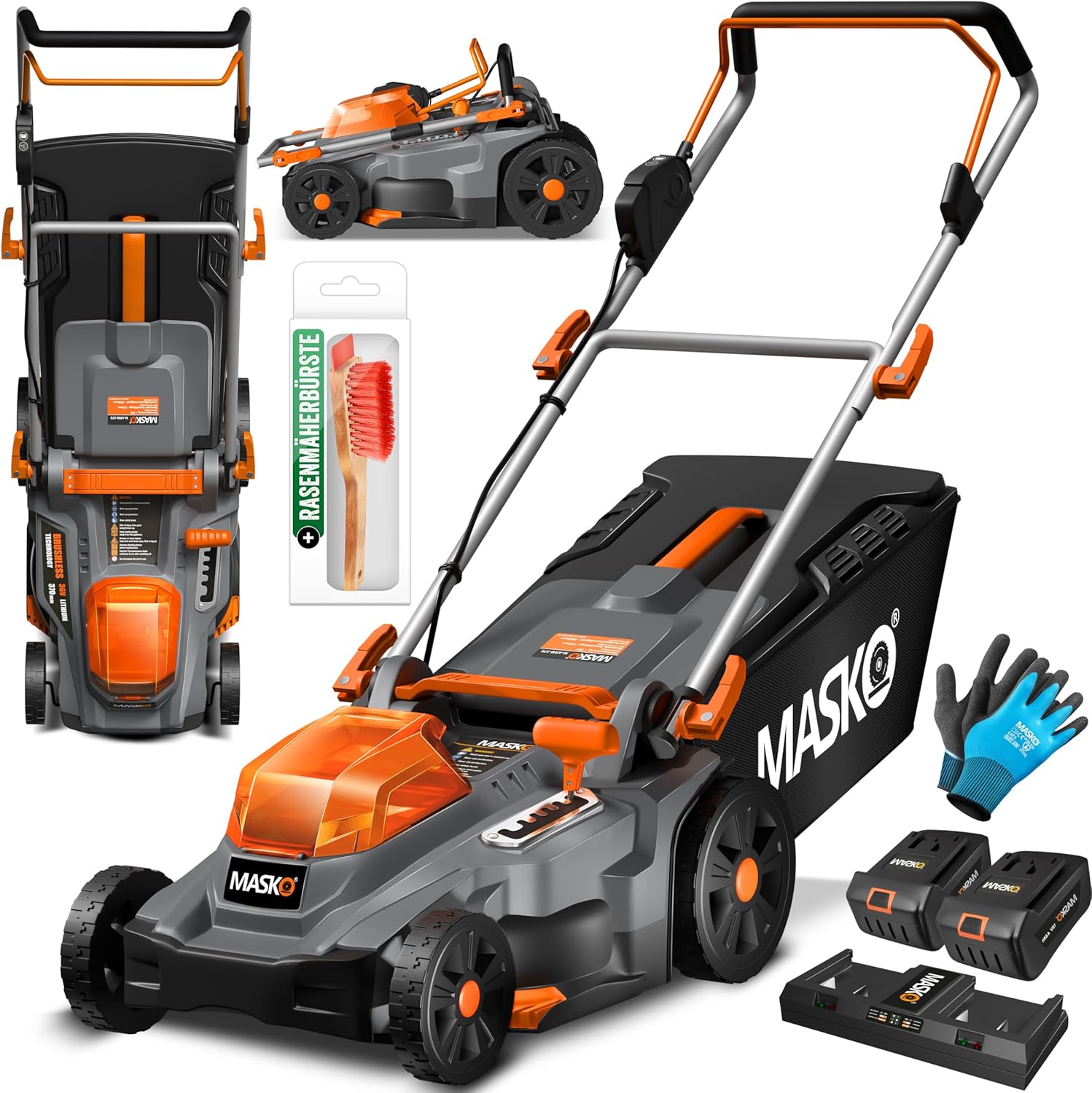 MASKO Akku Rasenmäher mit Mulchfunktion, 2X Akkus Li-Ion Batterie 4Ah  und  Doppel-Ladegerät Rasentrimmer 37cm Schnitt-Breite 6X Höhenverstellbar 40L Fangkorb Flächen bis 600m2 inkl. Handschuhe  und  Bürste