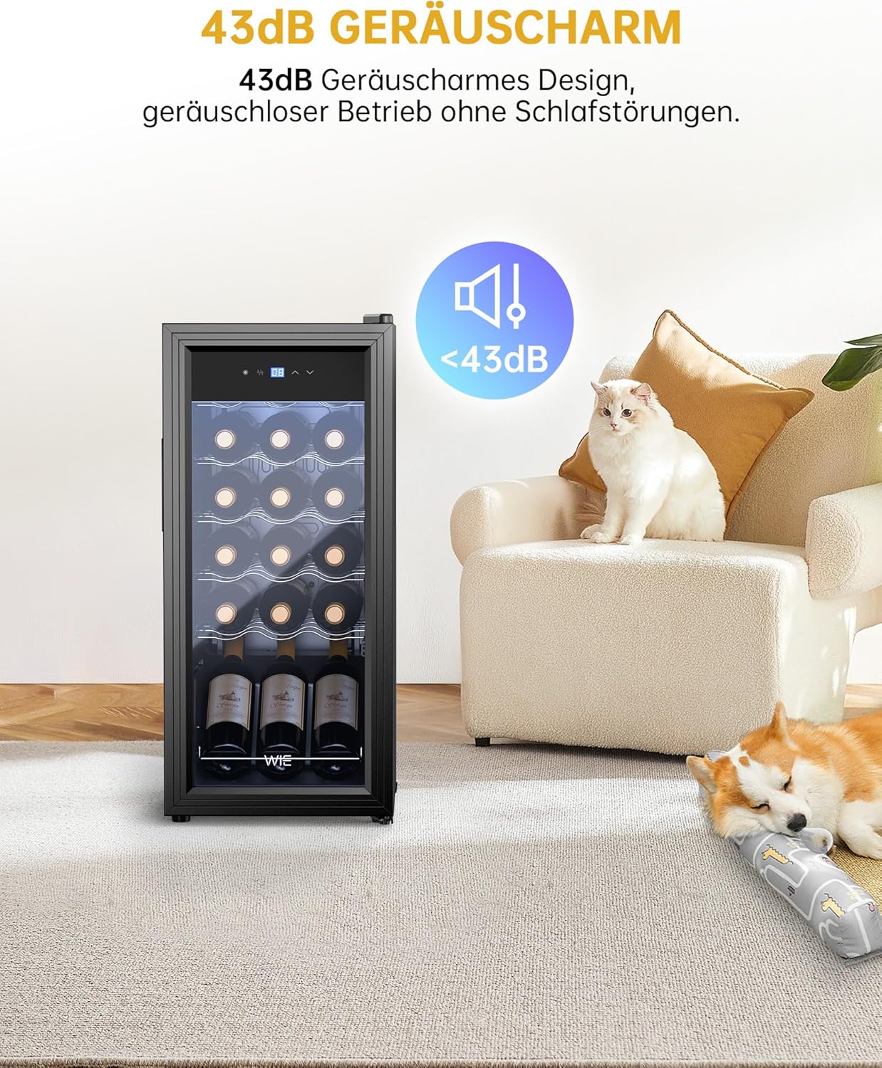 WIE Wine Fridge Compressor 53 Litres 18 Bottles Drinks Fridge Small Wine Cabinet Small Wine Fridge with Glass Door, Full Glass Design Door with LED Touch Panel, Anti-UV, Wine Fridge 5-18°C