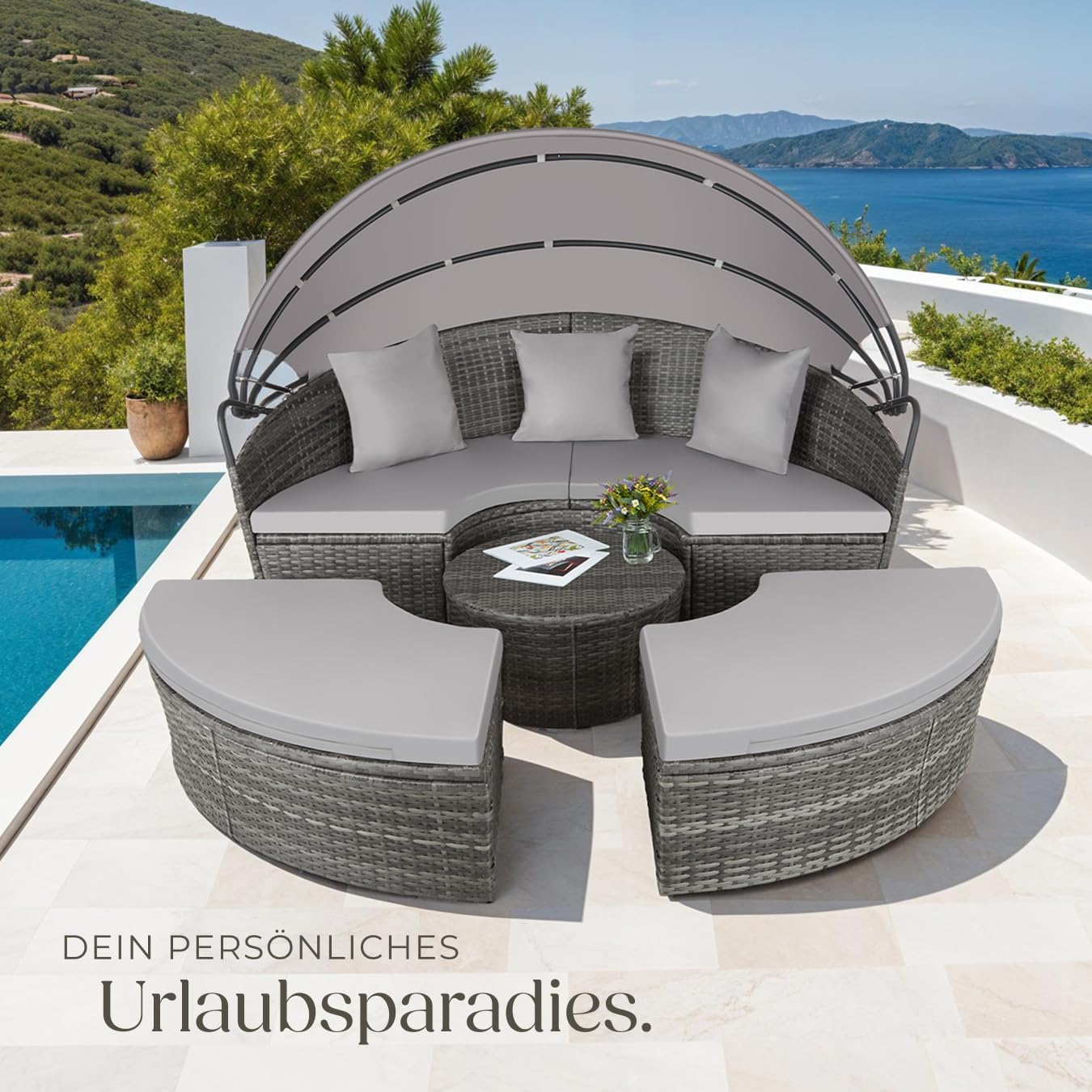 tectake® Lounge Muschel Sonneninsel Outdoor wetterfest, Gartenmuschel, Sonnenliege 2 Personen und mehr, multifunktionales Terrasse oder Balkon Möbel, Gartenliege wetterfest - grau