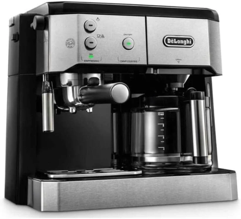 De'Longhi Combi-koffiezetapparaat BCO 421.S �C Koffiezetapparaat met espressoportafilter en filterkoffiefunctie incl. melkopschuimmondstuk, glazen kan & waterfiltersysteem, 1 l, RVS/Zwart, single