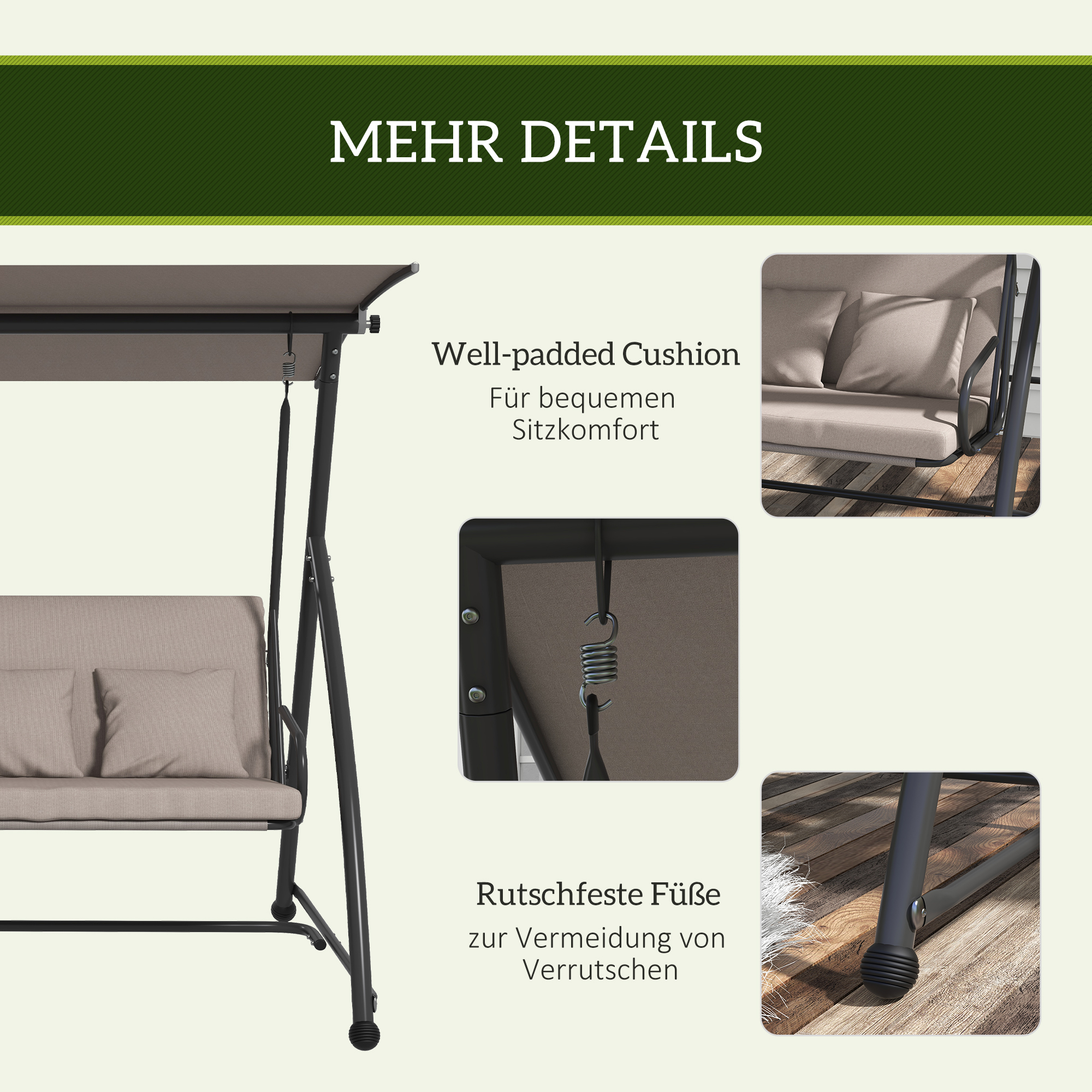 2-in-1 Hollywood schommel met Ligfunctie, 3-zits Tuinschommel van Staal 170x110x153cm, Lichtbruin