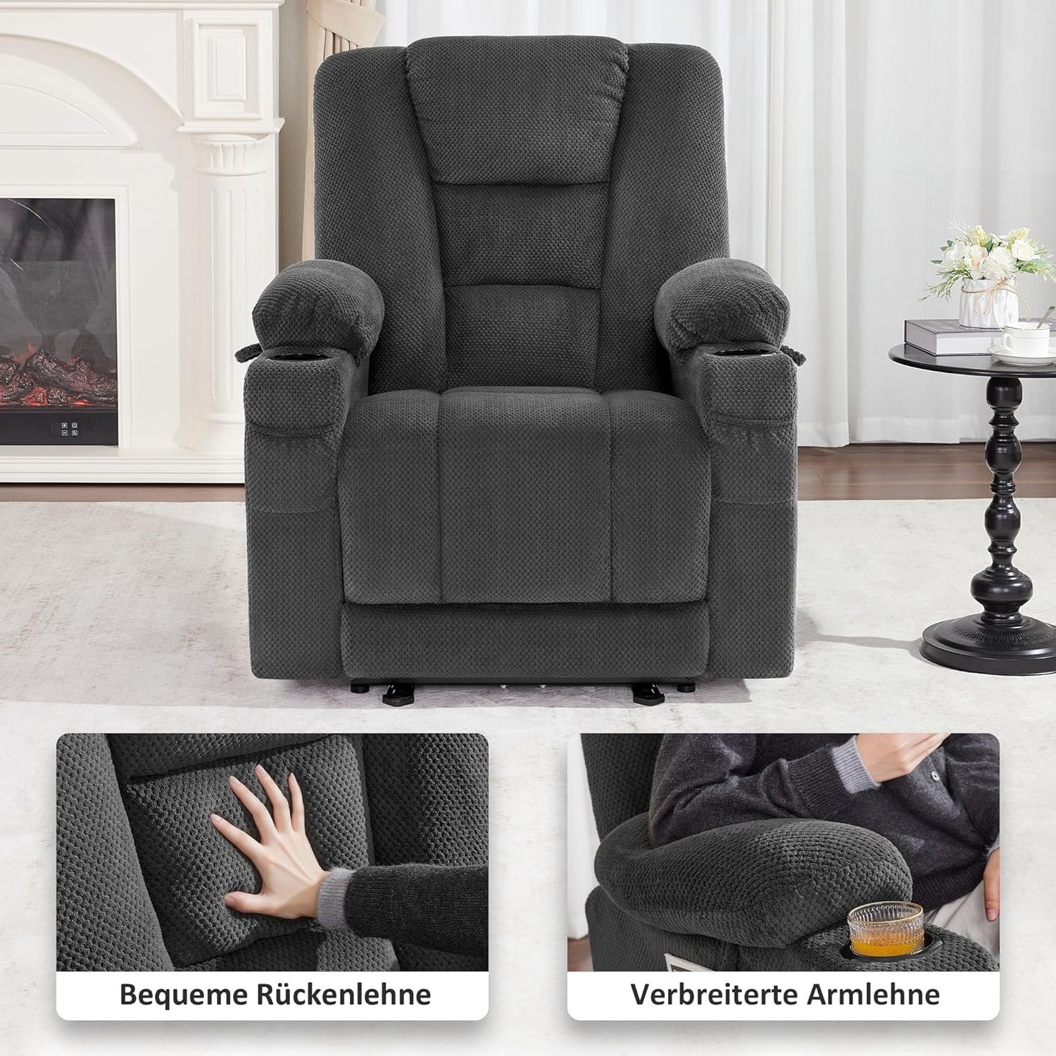M MCombo Fernsehsessel elektrisch verstellbar, Relaxsessel mit Liegefunktion, TV Sessel mit Massage & Wärmefunktion, USB & Getränkehalter, 35D Vollschaum-Sitzkissen 7008 (Stoff, Dunkelgrau)