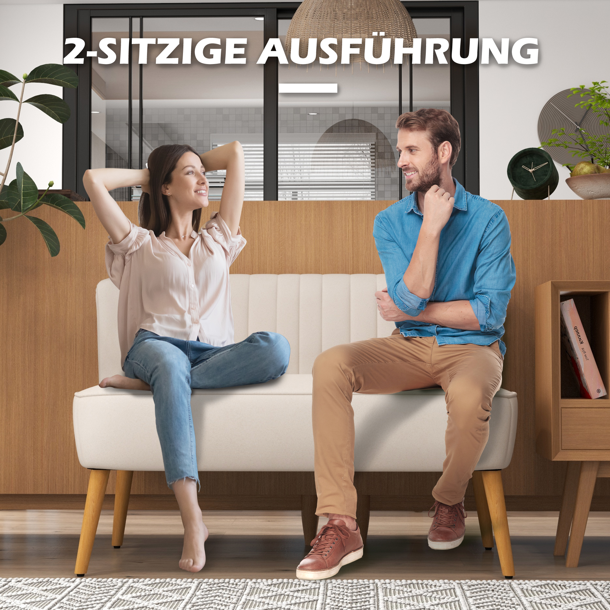 Sofa Retrodesign 2-zitsbank, houten poten, 117 cm x 56,5 cm x 77 cm, wit