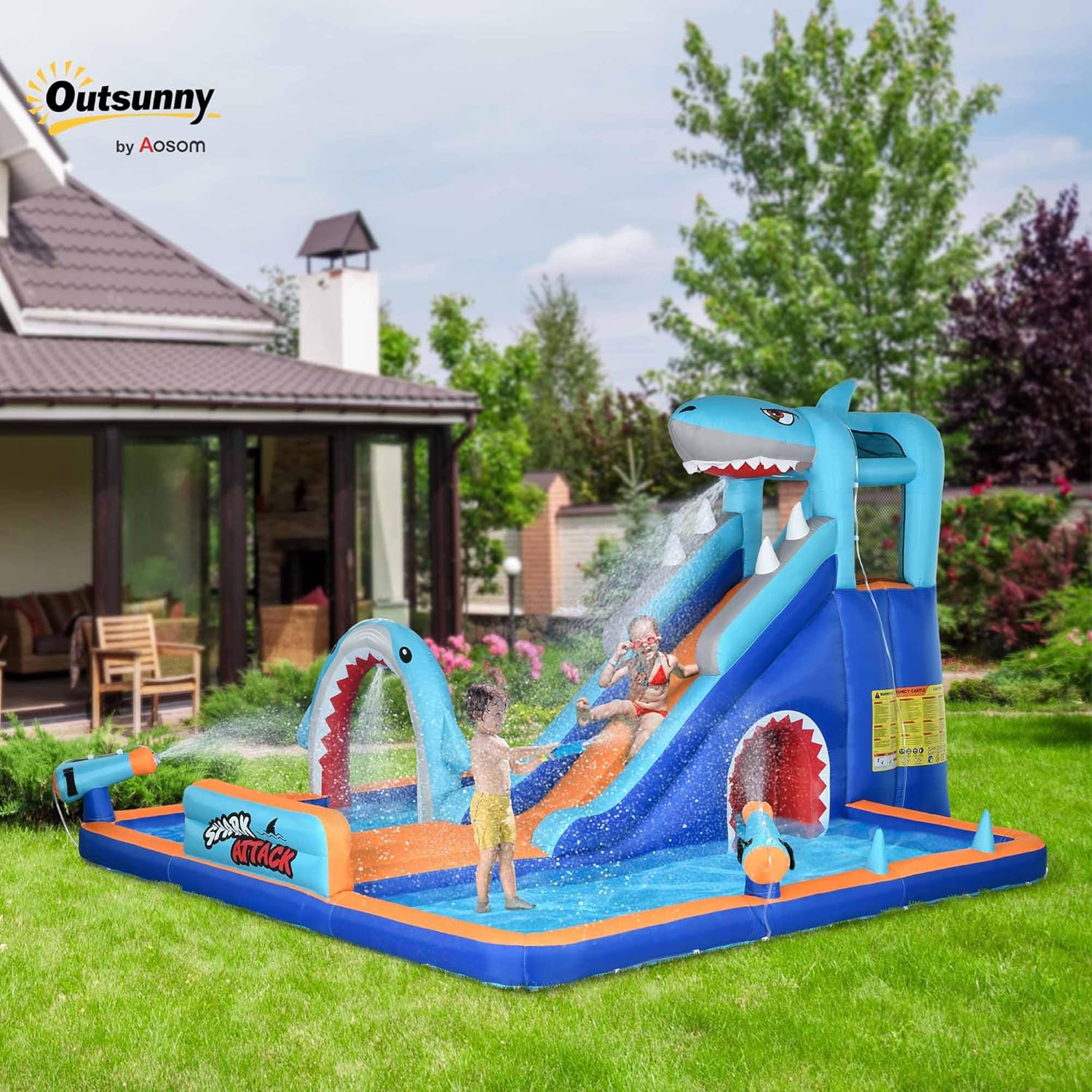 Outsunny Children's Inflatable Castle 6 in 1 Inflatable Castle for Children with Slide Pool Climbing Wall Water Cannon and Shark Themed Carry Bag 440x350x240cm Multicolor