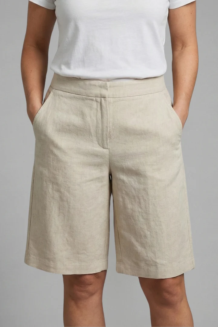 Damen Shorts mit Gummibund und Kordelzug | Knielange Bermuda Hose mit Seitentaschen | Strukturierter Webstoff & Gerader Schnitt
