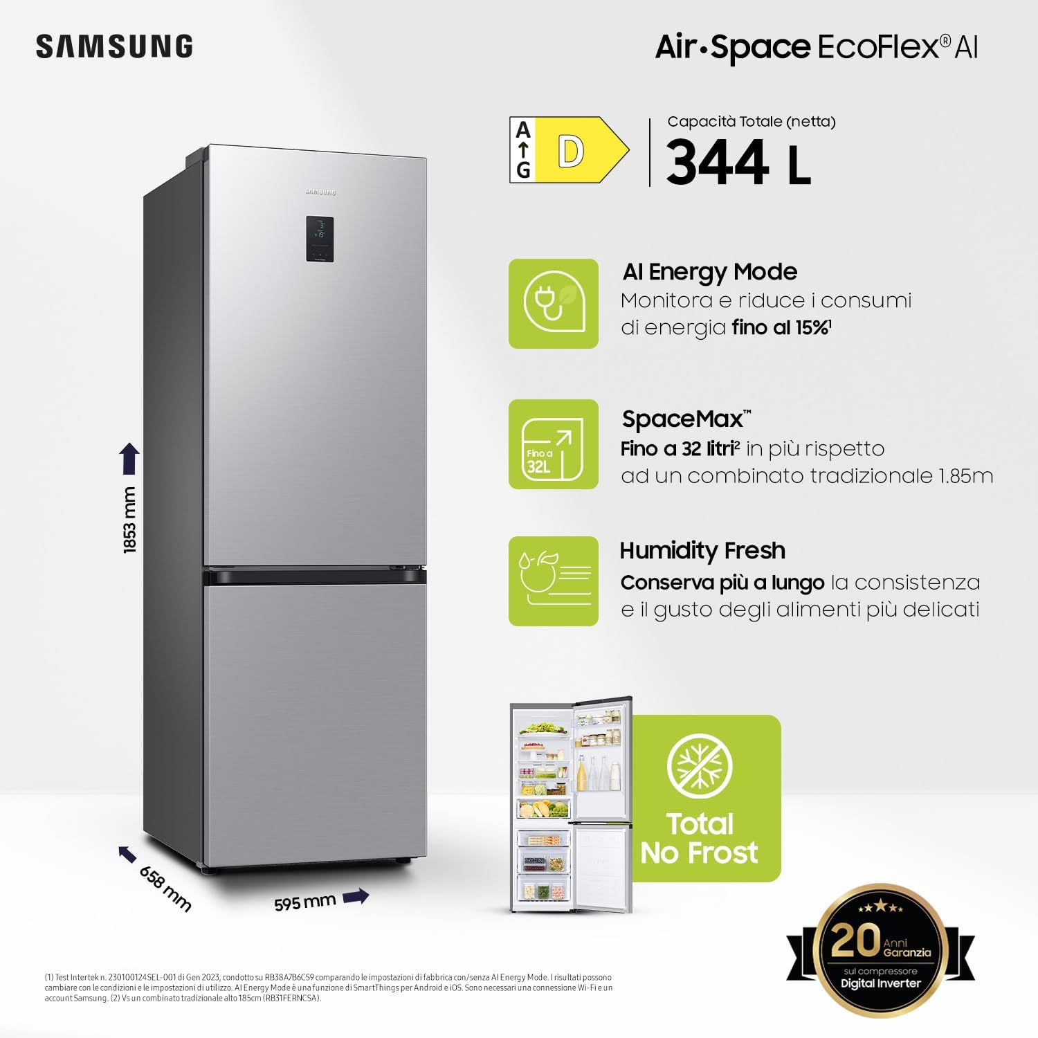 SAMSUNG EcoFlex AI RB34C670DSA/EF - Frigorífico combinado, WiFi, SpaceMax, Total No Frost, All Around Cooling, Motor Digital Inverter garantizado 20 años, 344 L, 59,5 x 185,3 x 65,8 cm, plateado